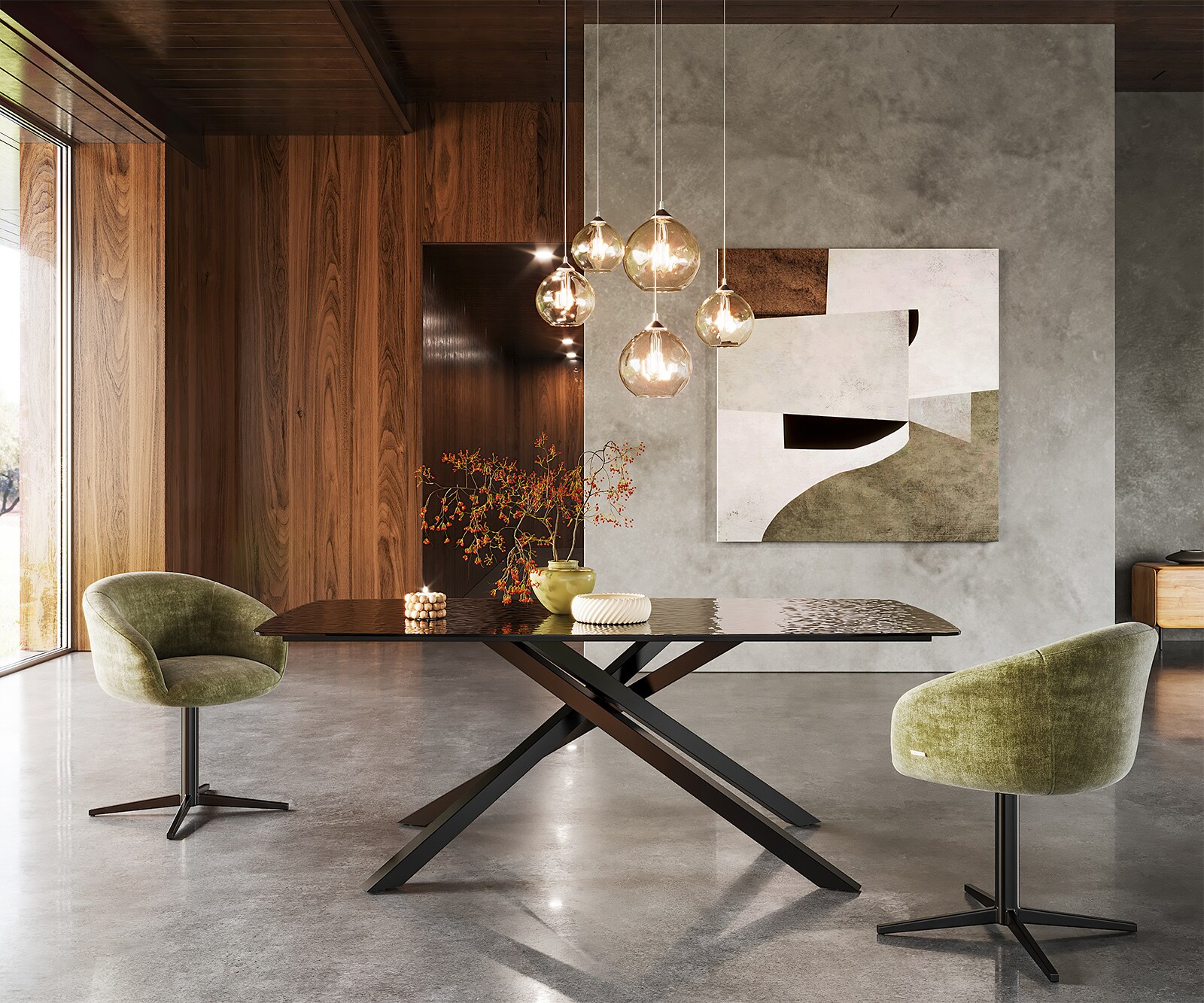 Eetkamertafel Edge Boot 200x100 Glas smelten rokerig zwart 3D-Relief kruisframe rechthoek zwart 1