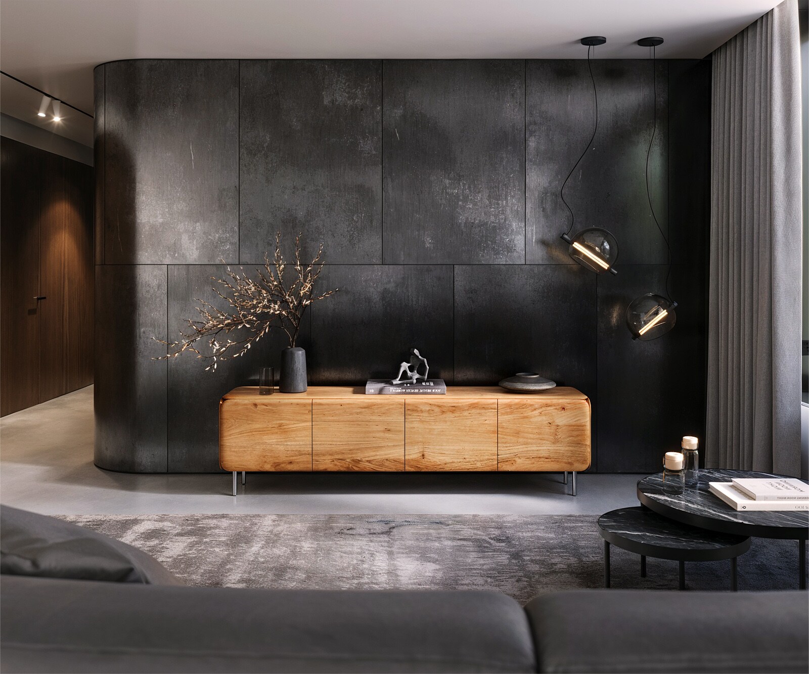 TV-meubel Shavani 200 cm acacia natuur 4 deuren ronde voet RVS zilver 1