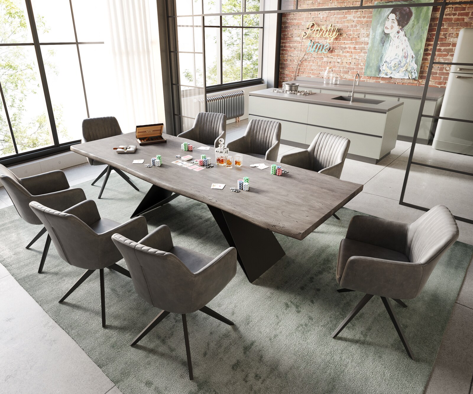 Eettafel Edge 260x100 acacia platina  V-frame staal  zwart  Live-Edge 6