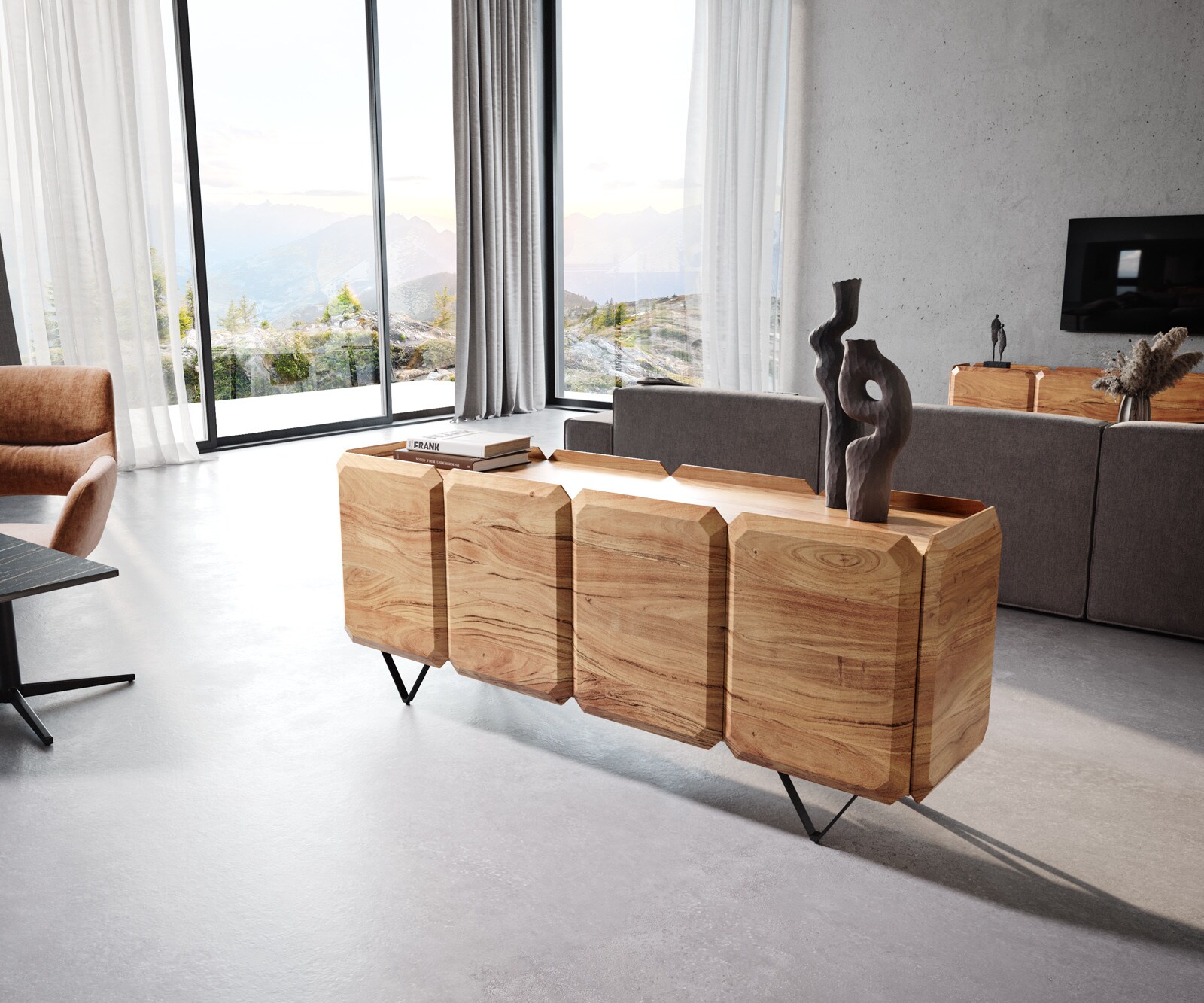 Sideboard Kiano 175 cm Acacia Natuur 4 Deuren V-voet Zwart Roomdivider Sideboard Kiano 175 cm Acacia Natuur 4 Deuren V-voet Zwart Roomdivider