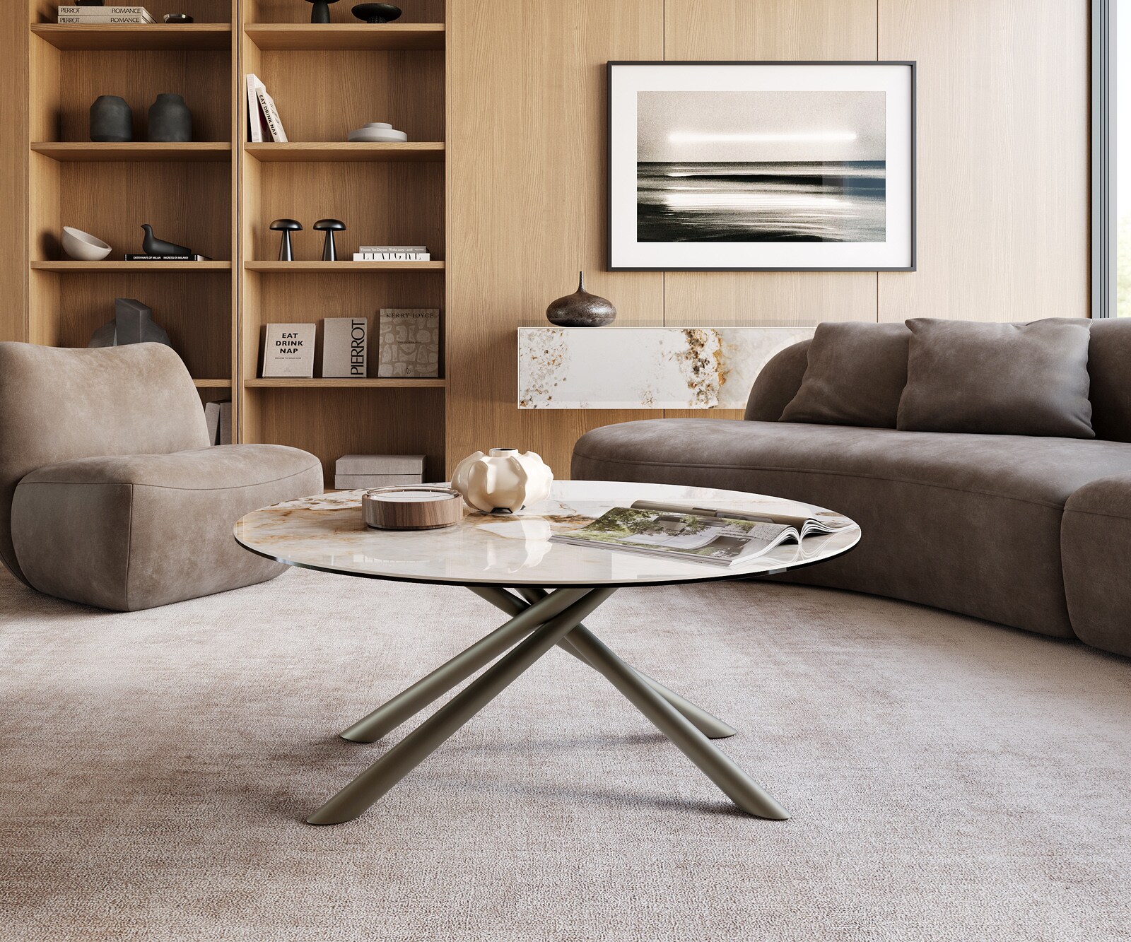 Salontafel Edge rond 100x100 cm keramiek Minas Melange Sarity Metall effectafwerking titaan 1
