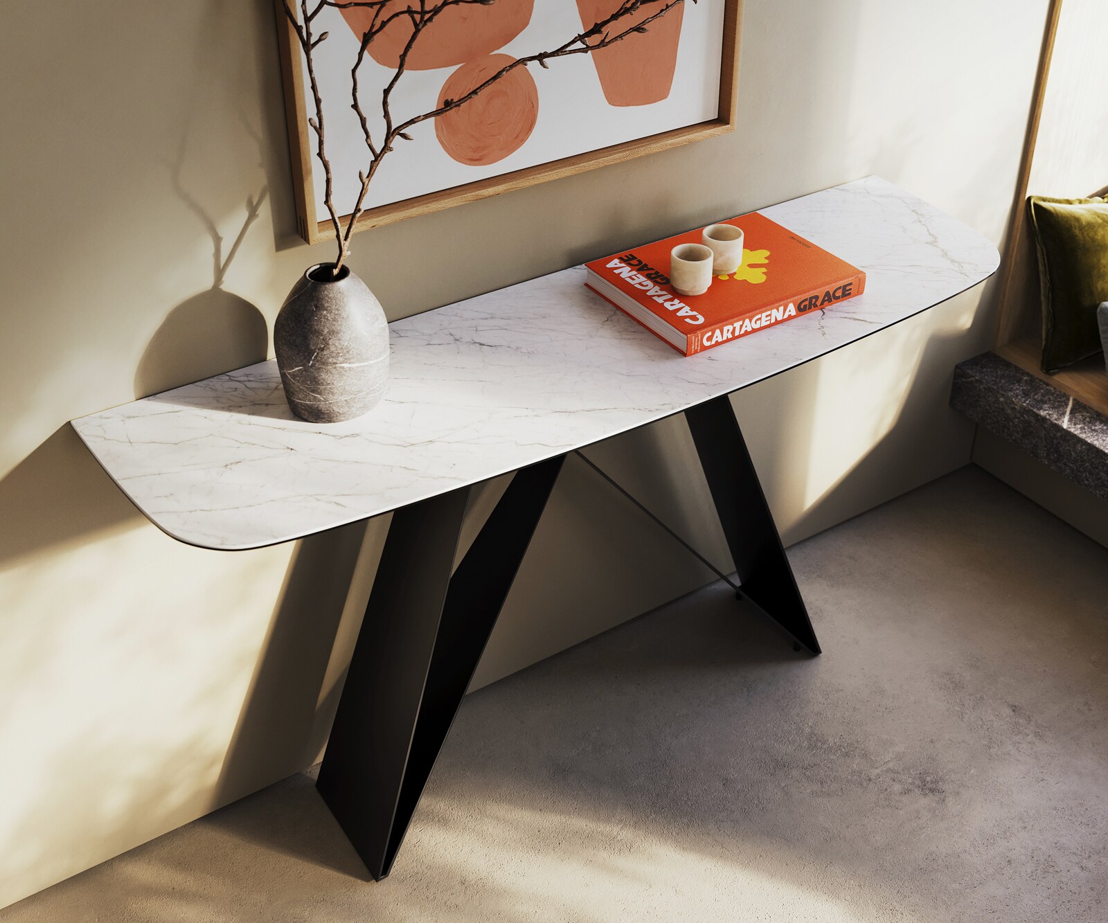 Consoletafel Edge Bootvorm 140x40 cm Keramiek Laminam® Statuarietto Weiß Velio Metaal Zwart 2