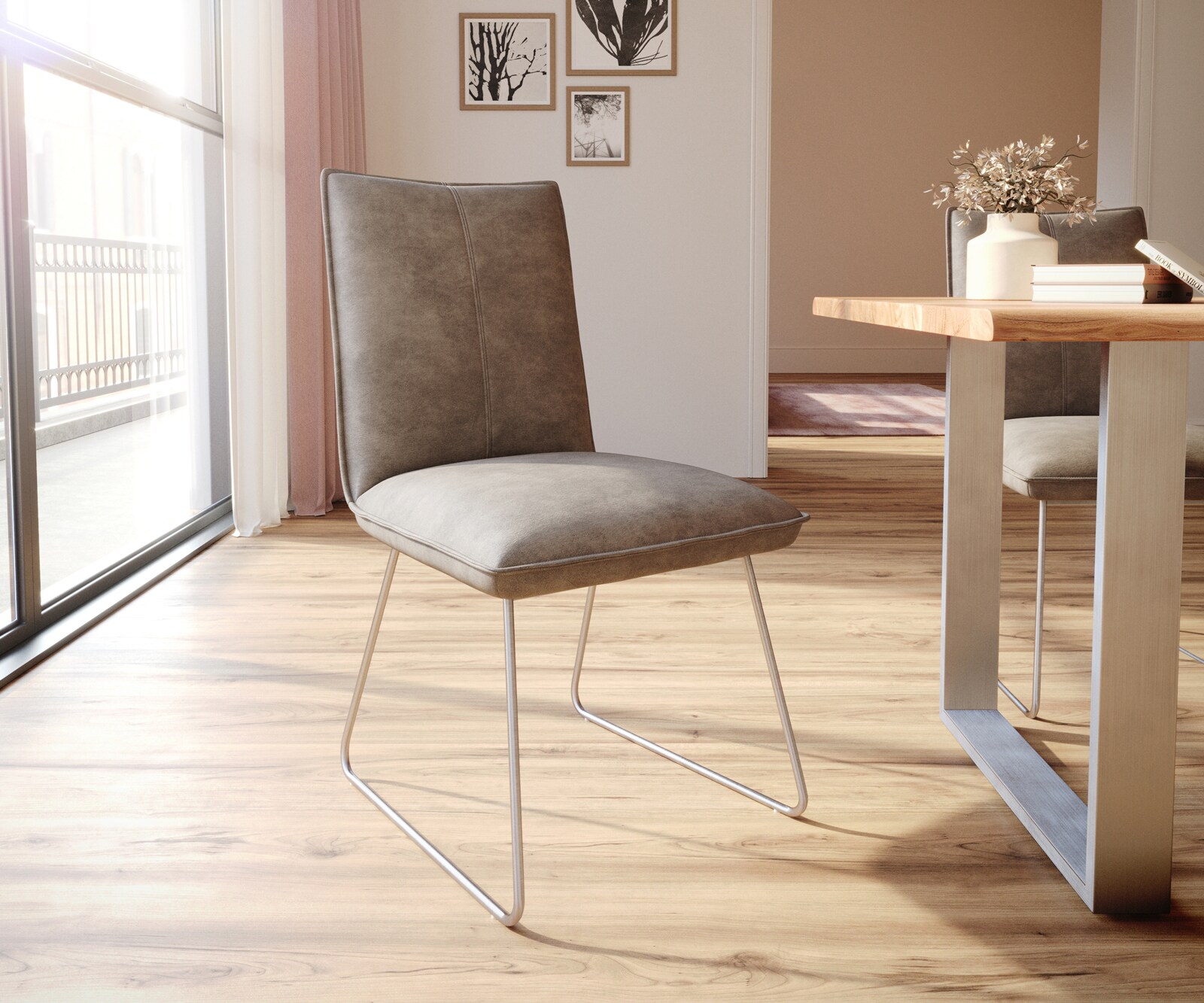Eetkamerstoel Lelio-Flex microvelours taupe vintage slipframe roestvrij staal pocketveer kern