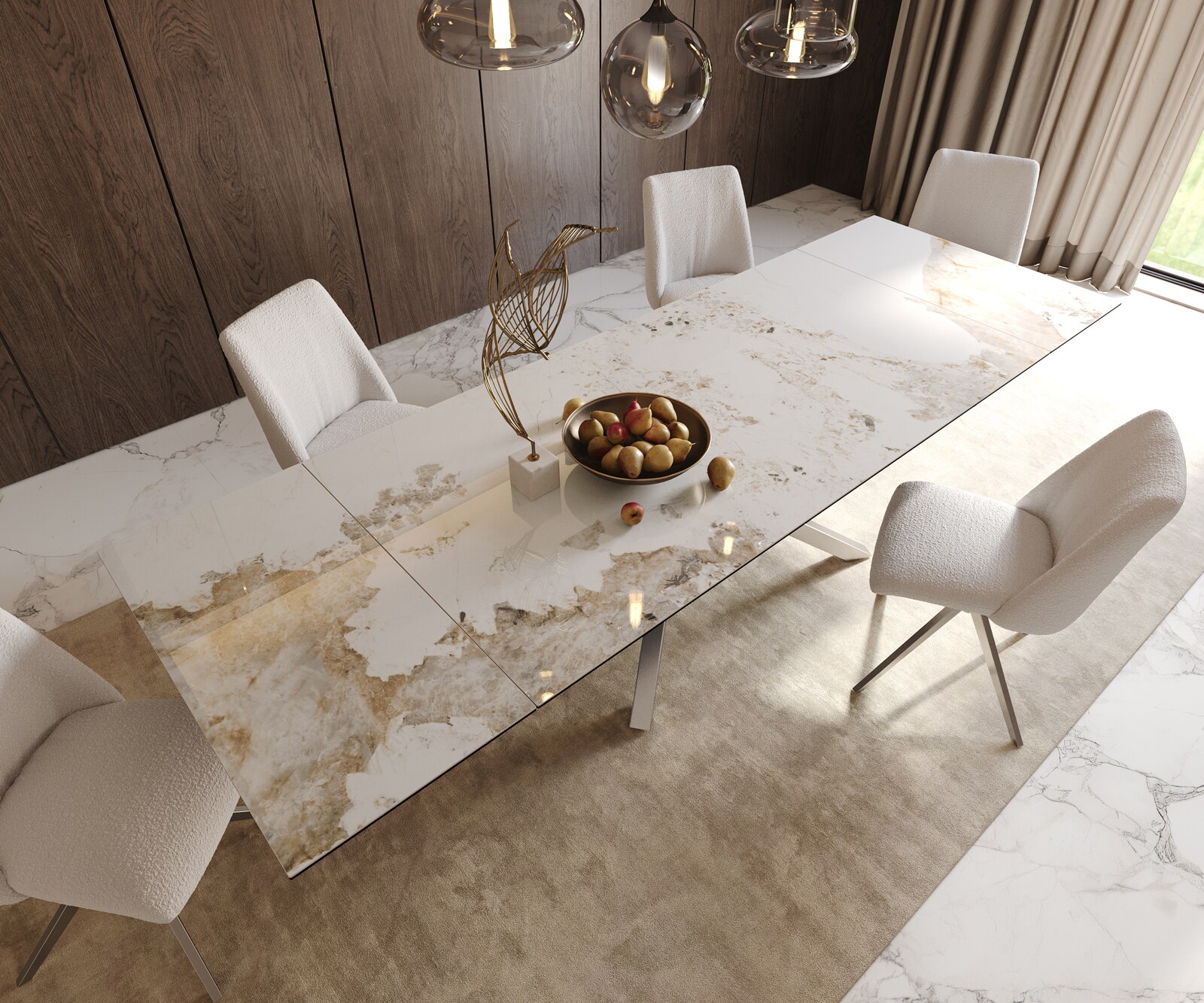 Eetkamertafel Edge 200-300x100 keramiek Minas Melange wit-beige kruisframe rechthoek RVS uitschuifbaar 5