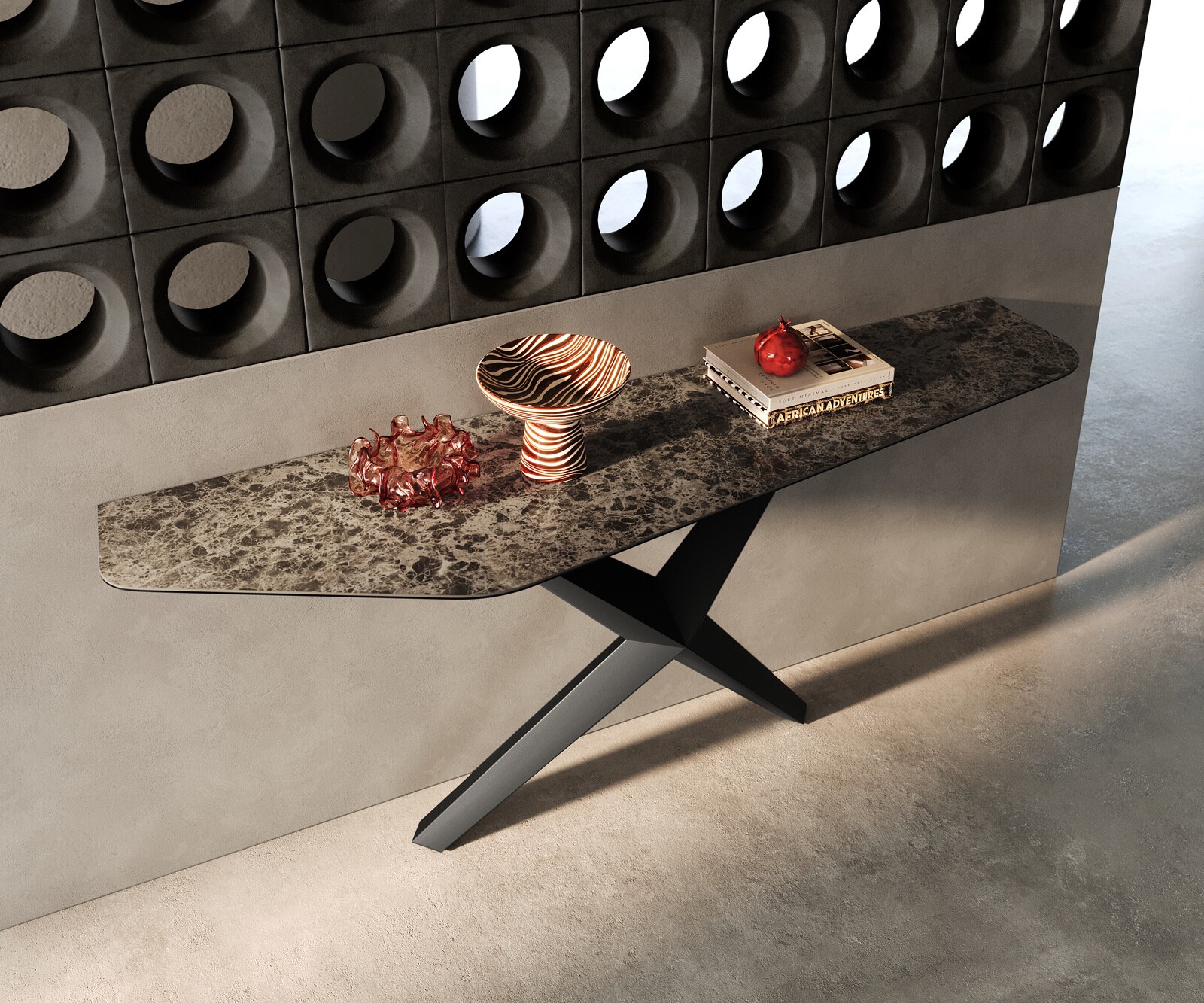 Consoletafel Edge Polygonaal 180x50 cm Keramiek Emperador Extra Lucidato Dunkelbraun Zentharo Metaal Zwart 2