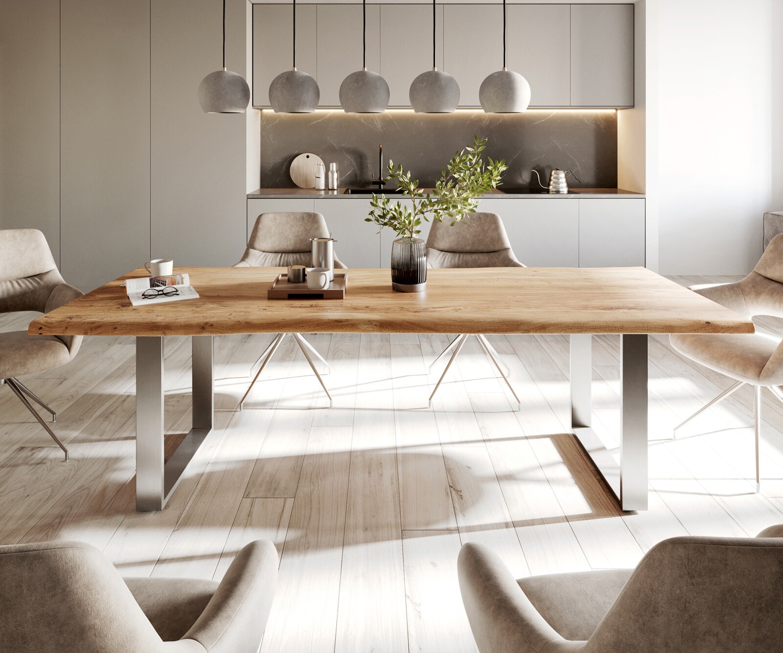 Eettafel Edge 240x100cm acacia natuur roestvrijstaal smal Live-Edge 2