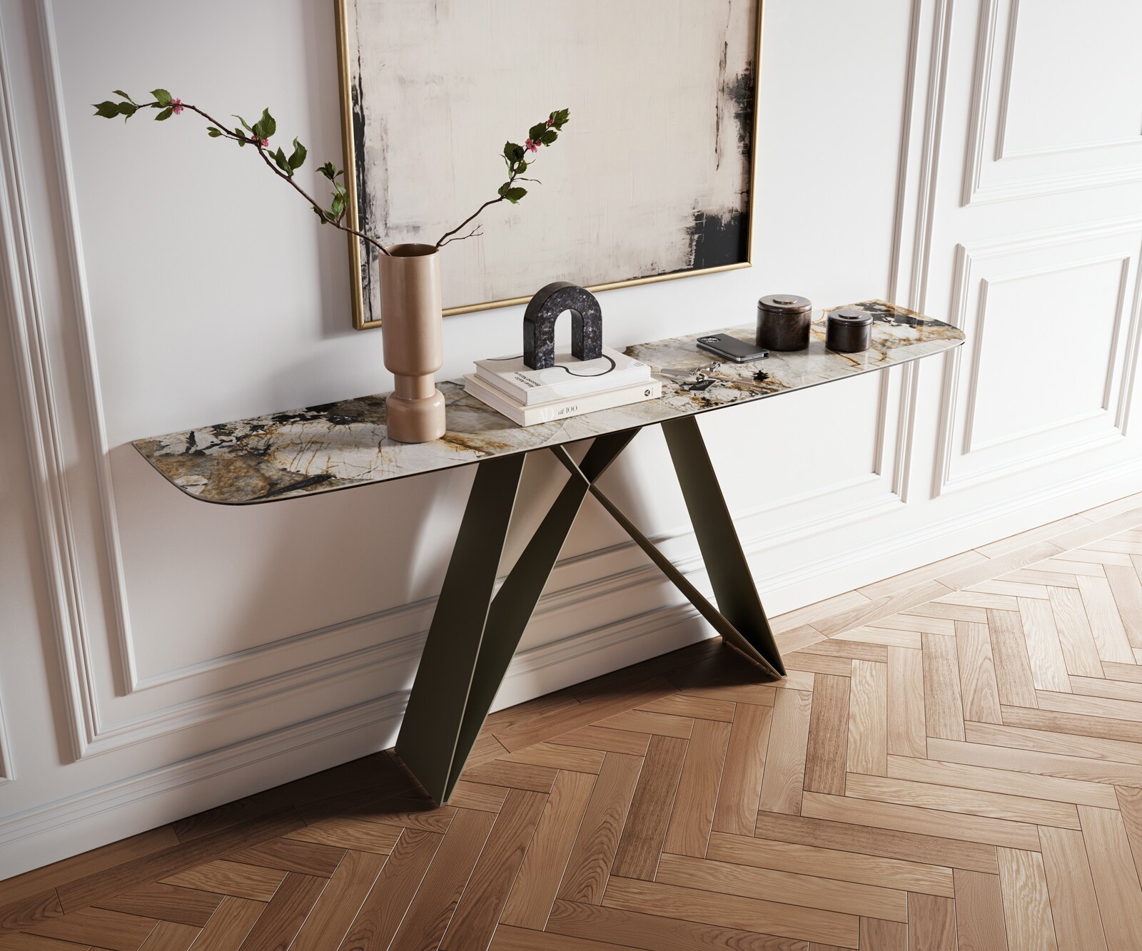 Consoletafel Edge Bootvorm 180x40 cm Keramiek Patagonia Poliert Velio Metaal Effektfinish Titan 1