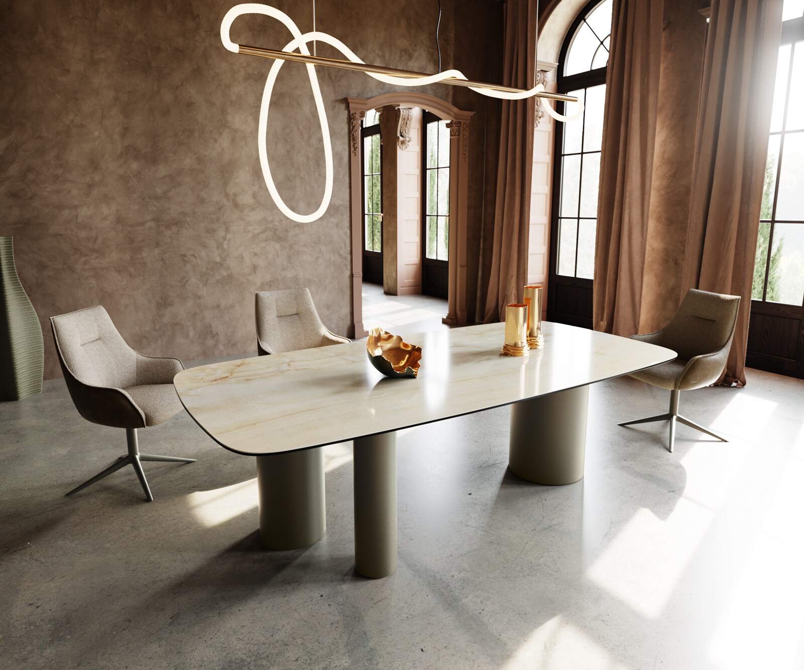Eetkamertafel Edge Boot 240x120 keramiek Iris FMG Onice OroTroa metaal effectafwerking titaan