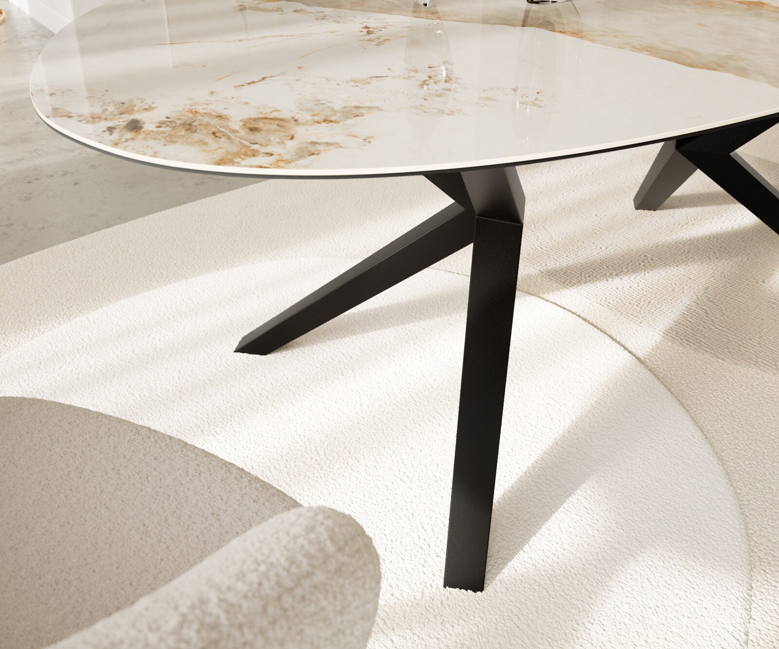 Eetkamertafel Edge ovaal 220x120 keramiek Minas Melange wit-Beige Zenthara hoekig metaal zwart 5