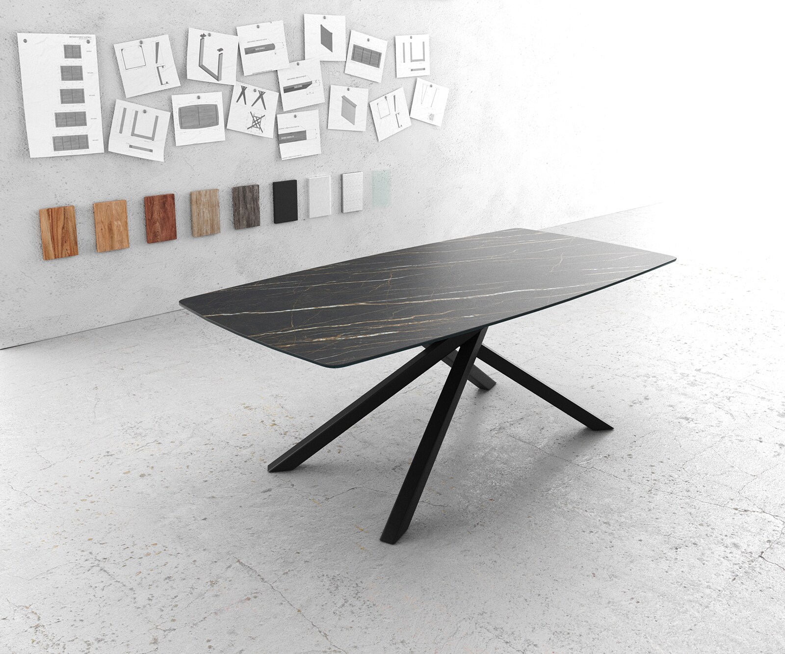 Eettafel Edge Bootsform 200x100cm Laminam® keramiek bruin middenpoot kruis zwart