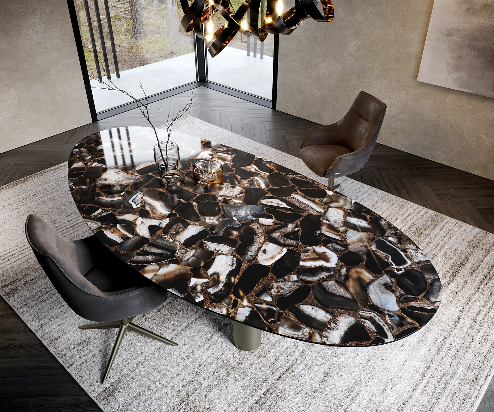 Eettafel Edge Oval 280x130 keramiek Iris FMG Agatablack Troa metaaleffect afwerking titanium 1
