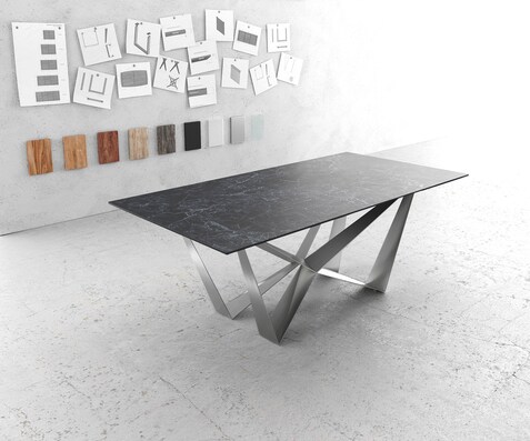 Eettafel Edge 200x100cm Laminam® keramiek grijs middenpoot vlak staal zilver