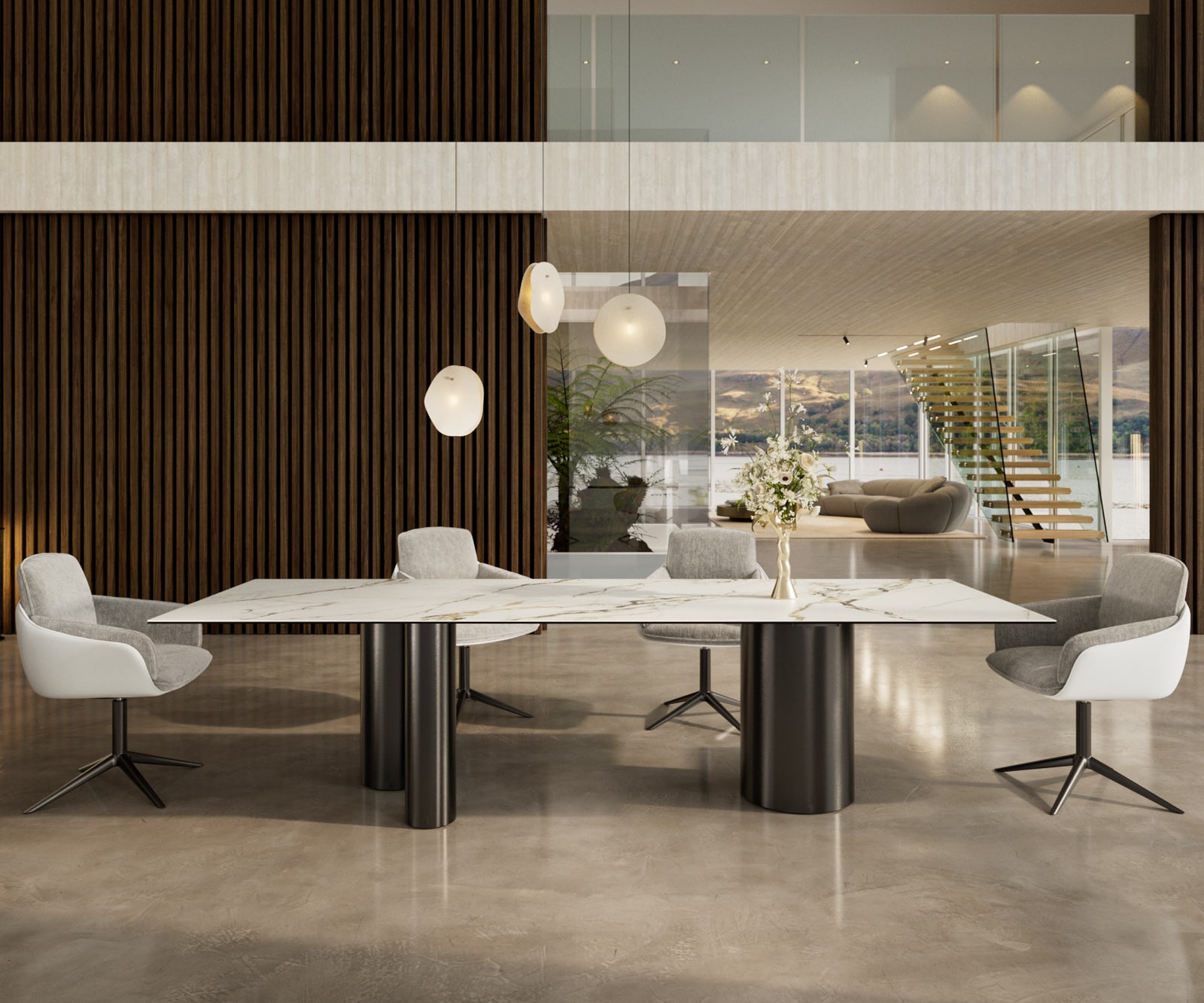 Eetkamertafel Edge 300x100 keramiek Calacatta Luxe wit-Gold-grijs Troa roestvrij staal grafiet Eetkamertafel Edge 300x100 keramiek Calacatta Luxe wit-Gold-grijs Troa roestvrij staal grafiet