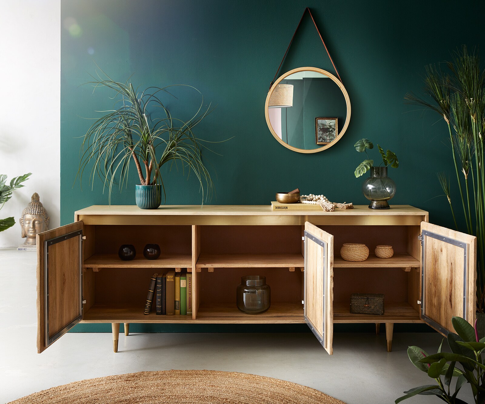 Dressoir Budaya 175 cm mango natuur 3 deurs rond onderstel 3