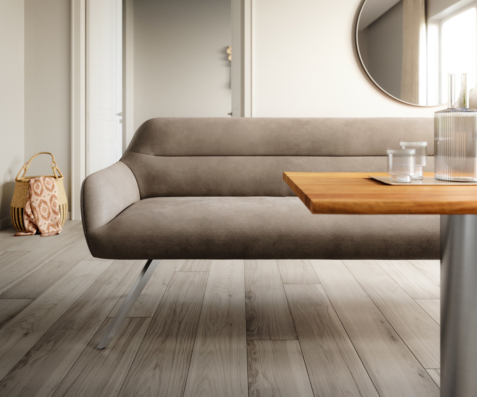 Eetkamerbank Taya-Flex 200 cm microvelours taupe vintage hoekig kruisframe roestvrij staal pocketvering 1