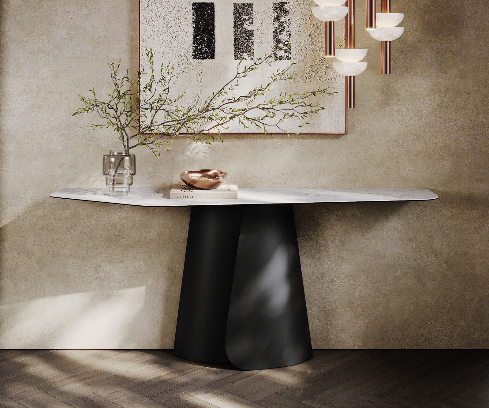 Consoletafel Edge Polygonaal 180x50 cm Keramiek Laminam® Statuarietto Weiß Livos Metaal Zwart 1