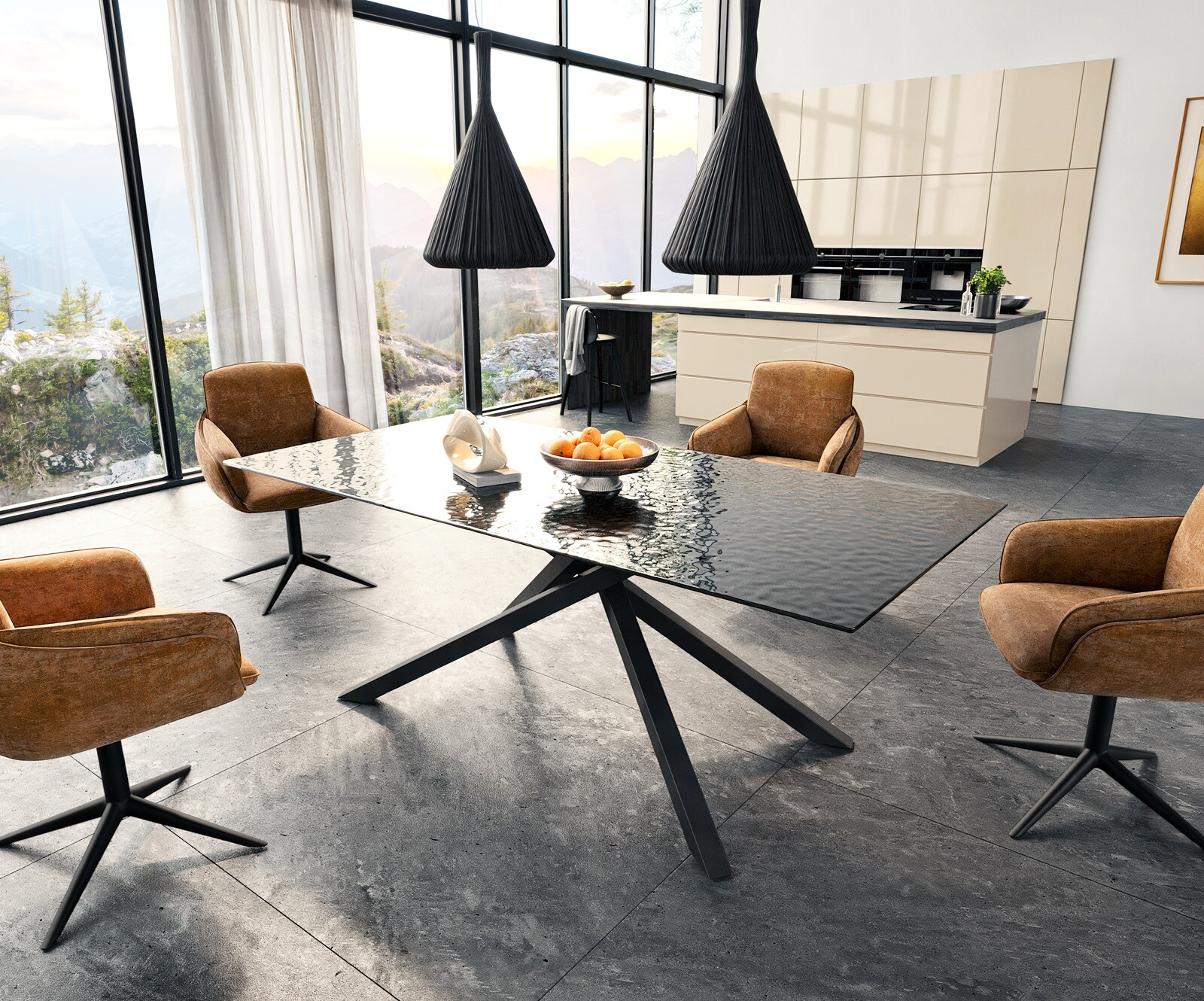 Eetkamertafel Edge 200x100 Glas smelten rokerig zwart 3D-Relief kruisframe rechthoek zwart 5