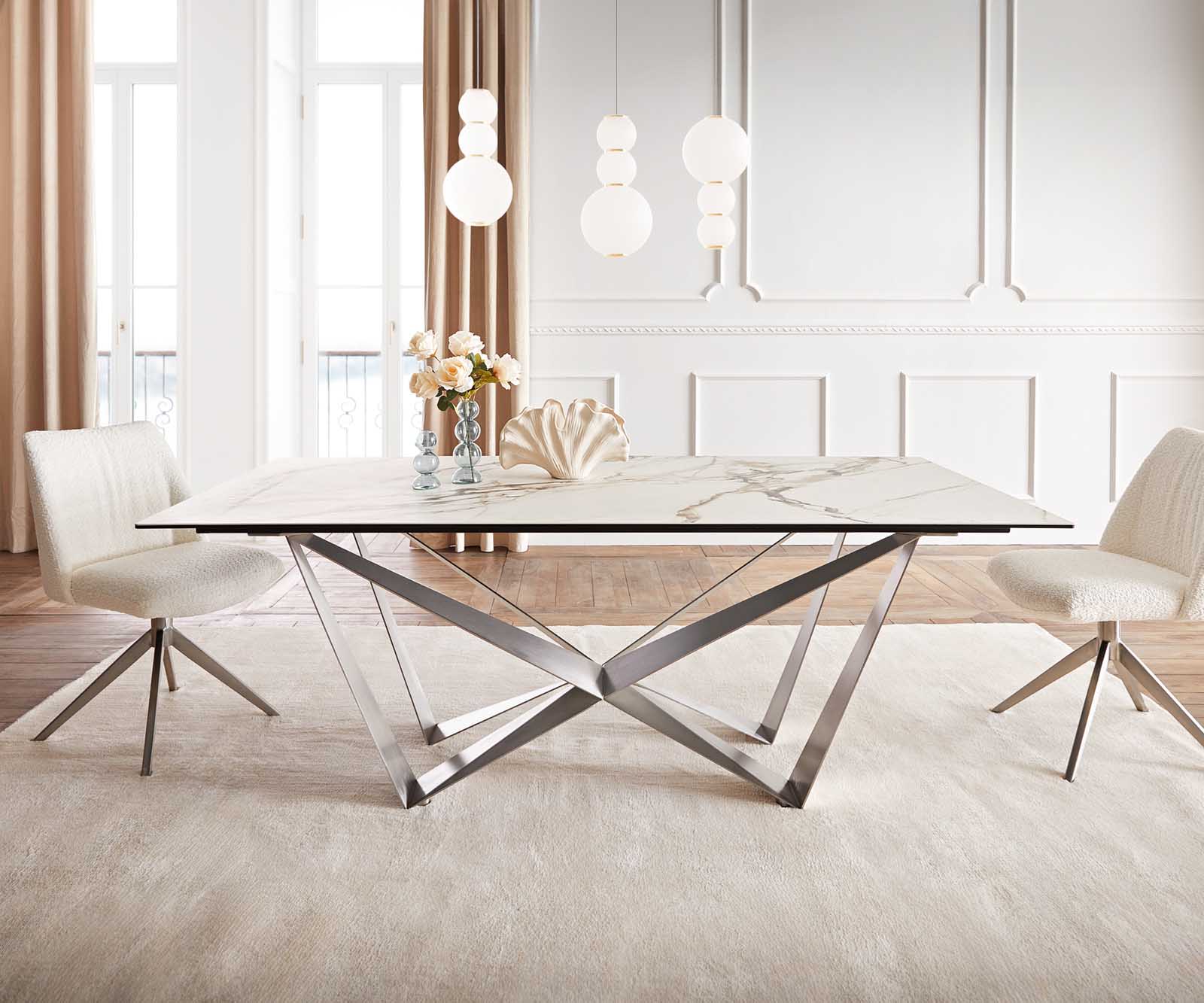 Eetkamertafel Edge 200x100 keramiek Calacatta Luxe wit-goud-grijs spider vlak staal RVS