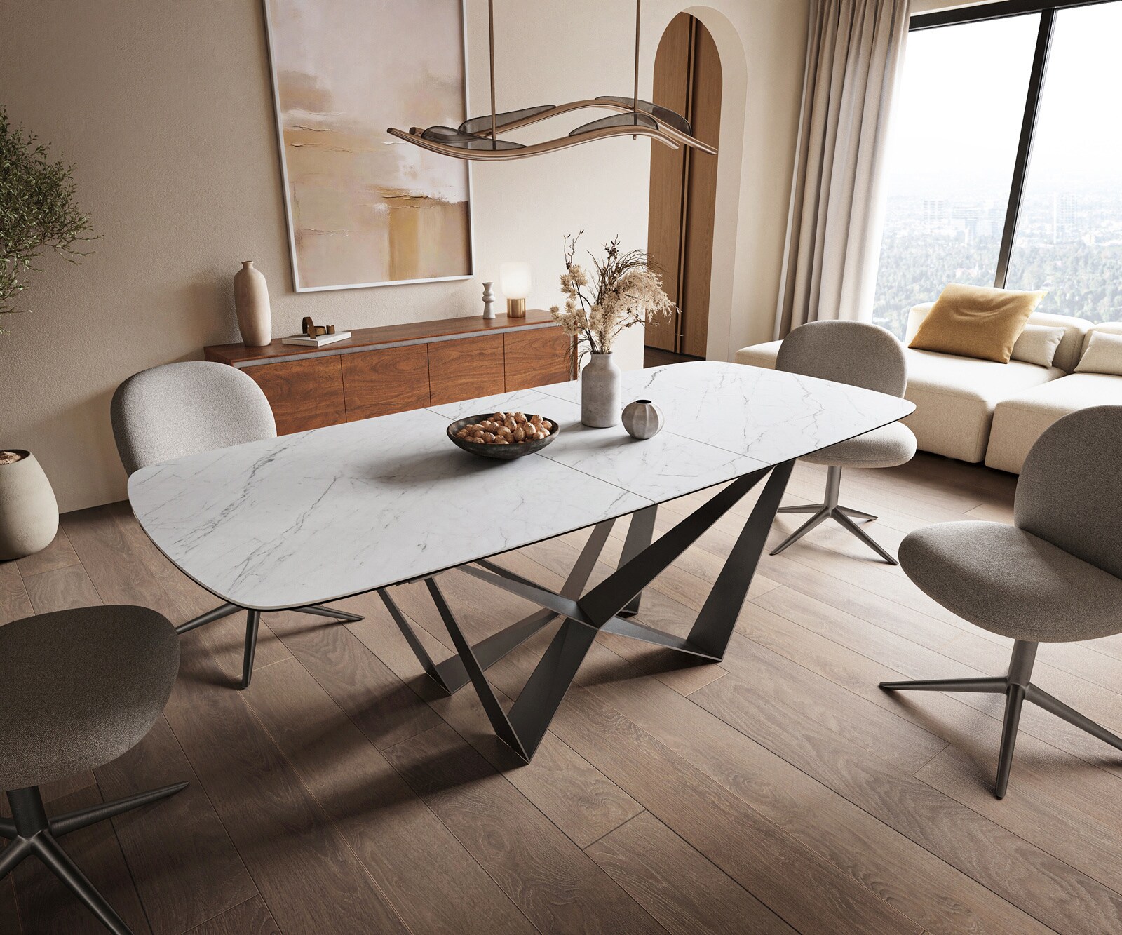 Eettafel Edge Boot 180-220x100 cm Keramiek Laminam® Statuarietto Wit Spider Flachstahl Roestvrij staal Grafiet uitschuifbaar 1