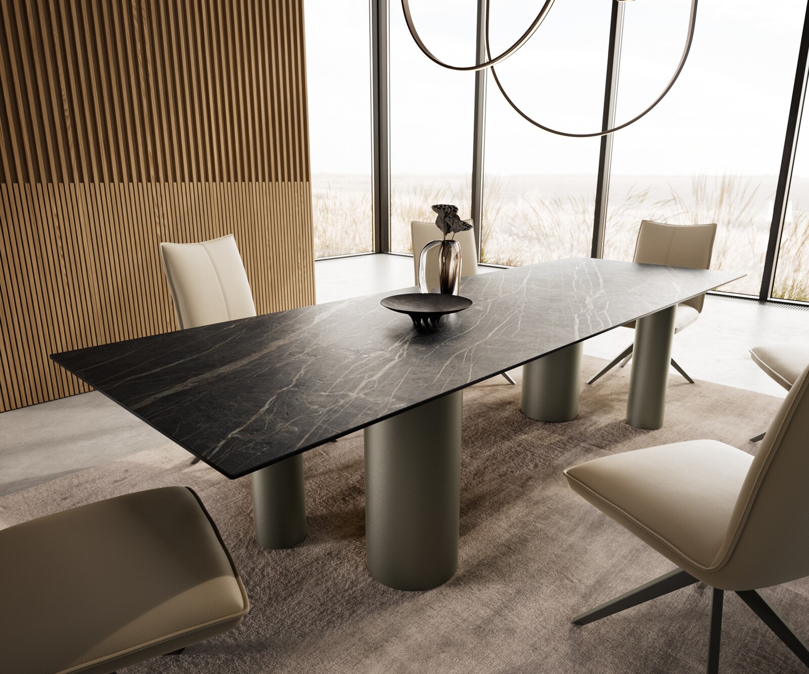 Eetkamertafel Edge 300x100 keramiek Laminam®Noir Desir bruin Pilier metaal effectafwerking titaan 6