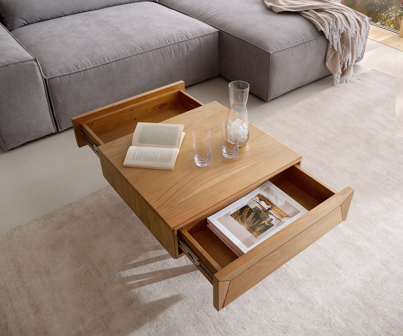 Salontafel Kayu 60x60 cm acacia natuur 2 laden V-poot 3 Salontafel Kayu 60x60 cm acacia natuur 2 laden V-poot 3