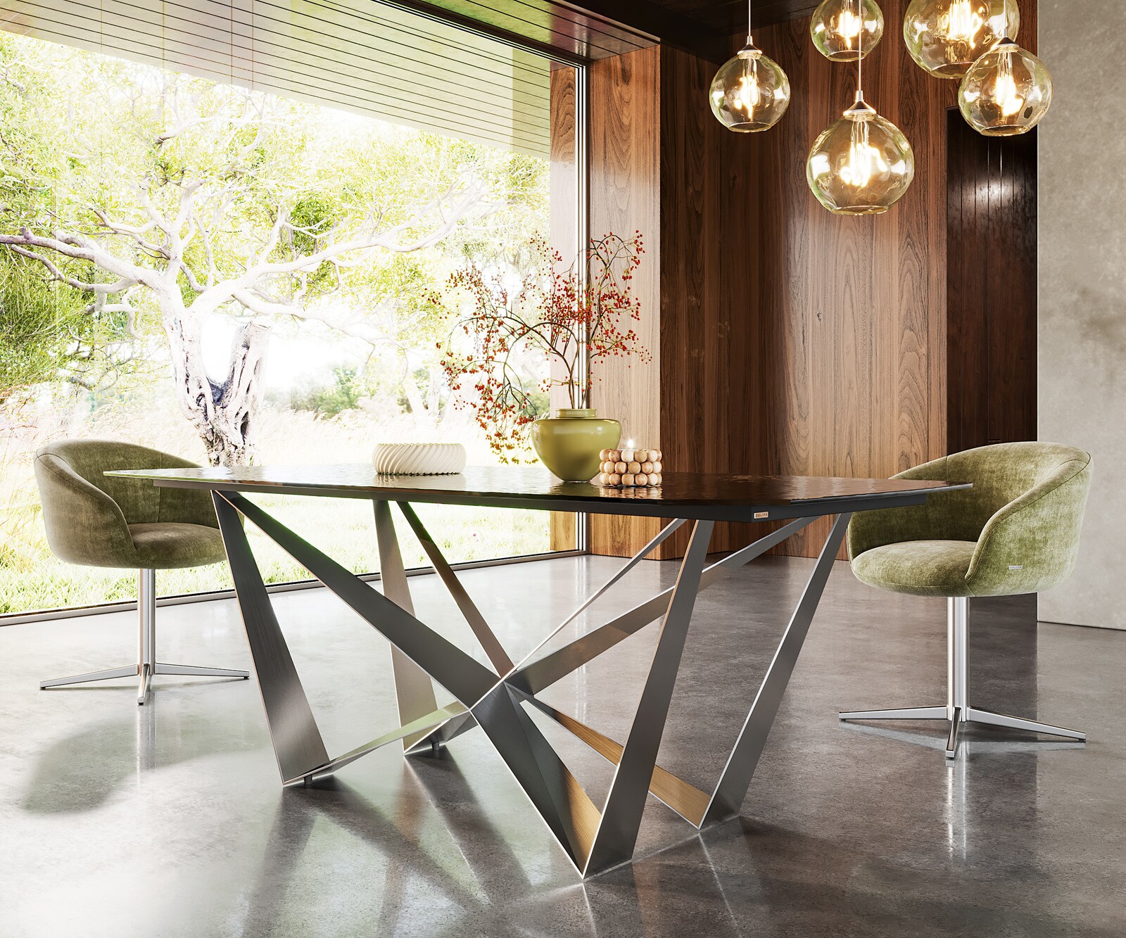 Eetkamertafel Edge Boot 200x100 Glas smelten rokerig zwart 3D-Relief spider vlak staal RVS 4