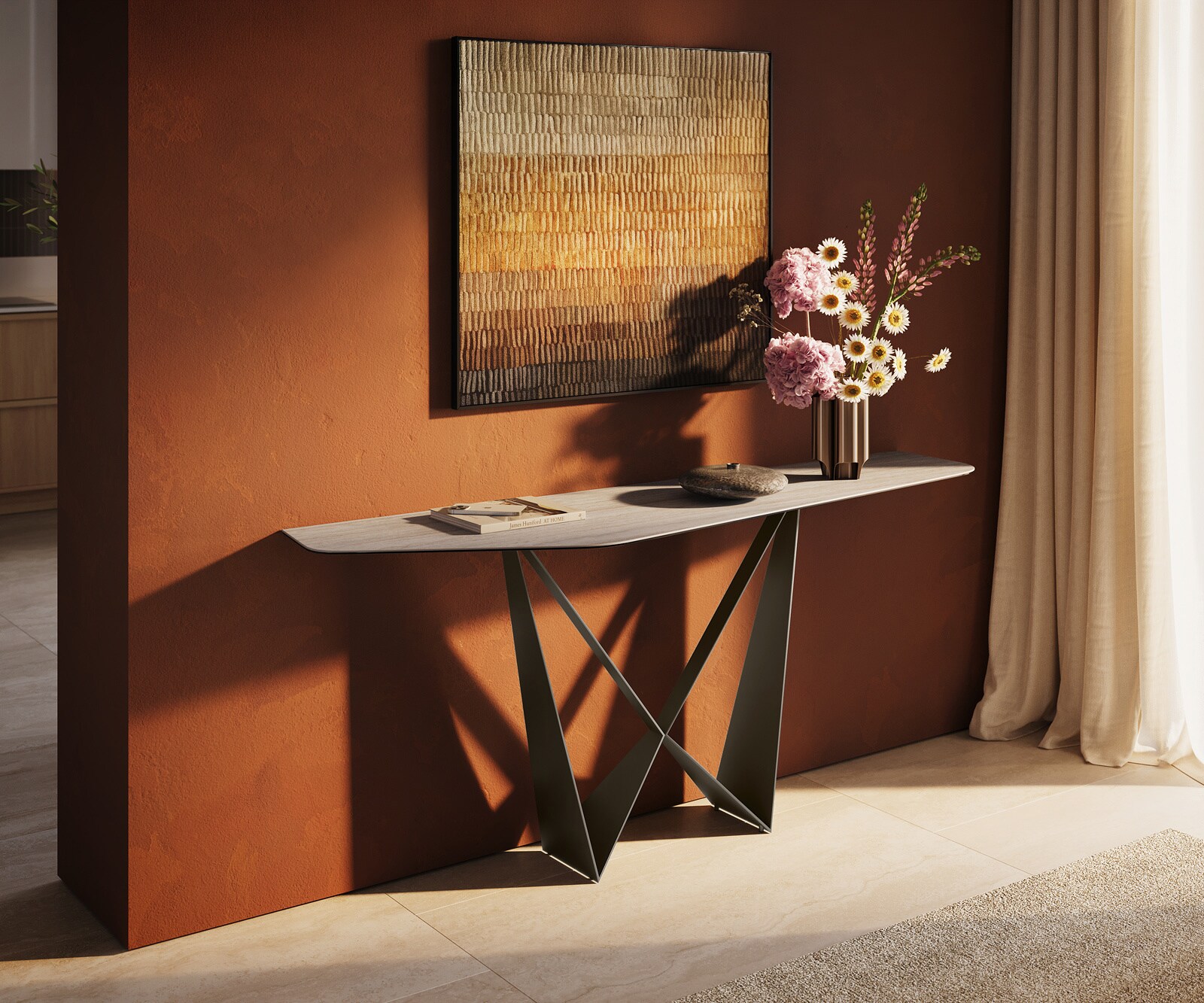 Consoletafel Edge Polygonaal 180x50 cm Keramiek Laminam® Travertino Bianco Creme-Weiß Spios Metaal Effektfinish Titan 1