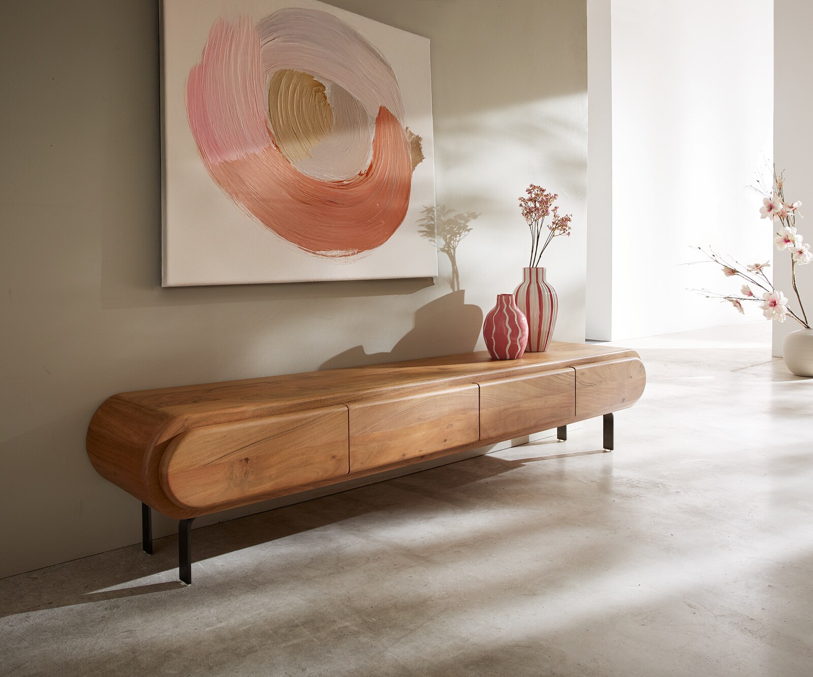TV-meubel Sohara 175 cm acacia naturel 4 deuren L-poot zwart