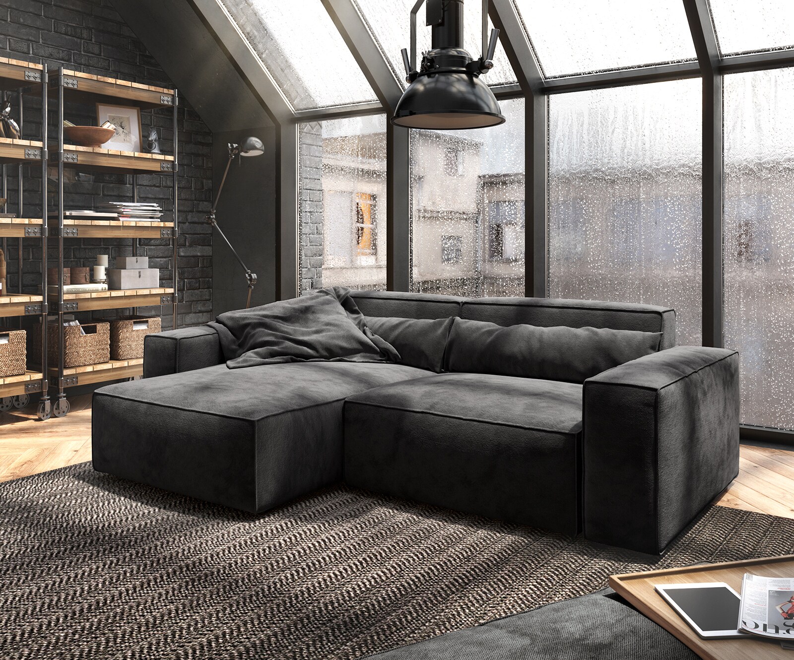 Hoekbank Sirpio 230x150 cm microvezel zwart variabele rugleuning met kruk