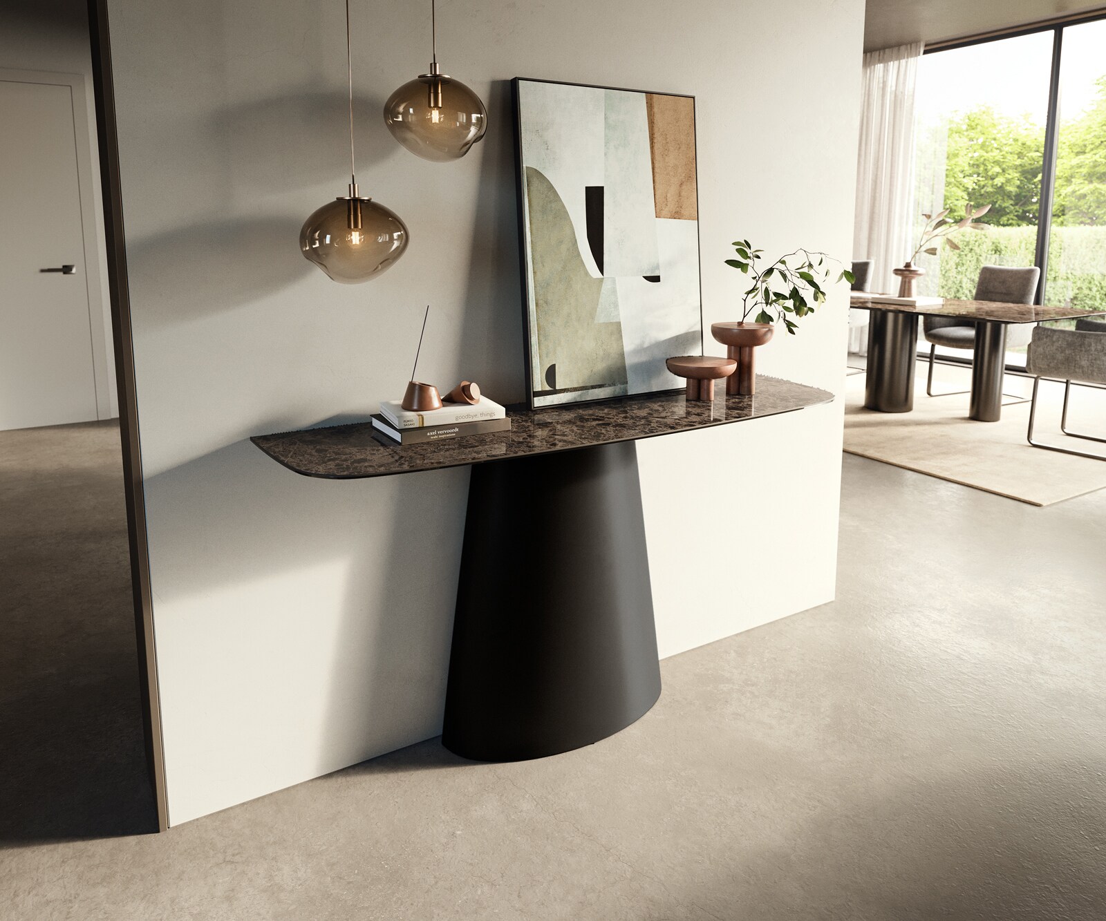 Consoletafel Edge Bootvorm 140x40 cm Keramiek Emperador Extra Lucidato Dunkelbraun Conos Metaal Zwart 3