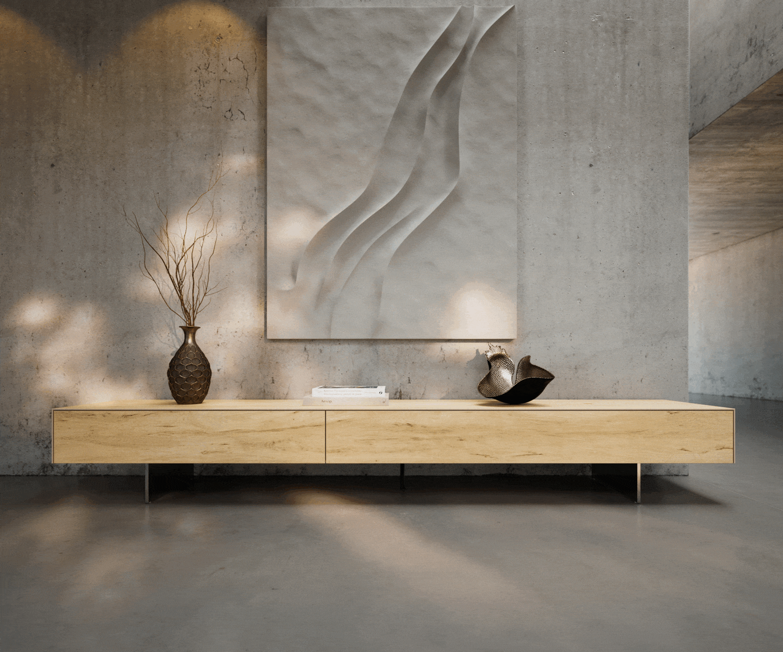Tv-meubel Cuor 250 cm Keramiek Laminam® Sabbia Eiken gekleurd 1 Flap 1 Lade Zwevende voet look Roestvrij staal 1