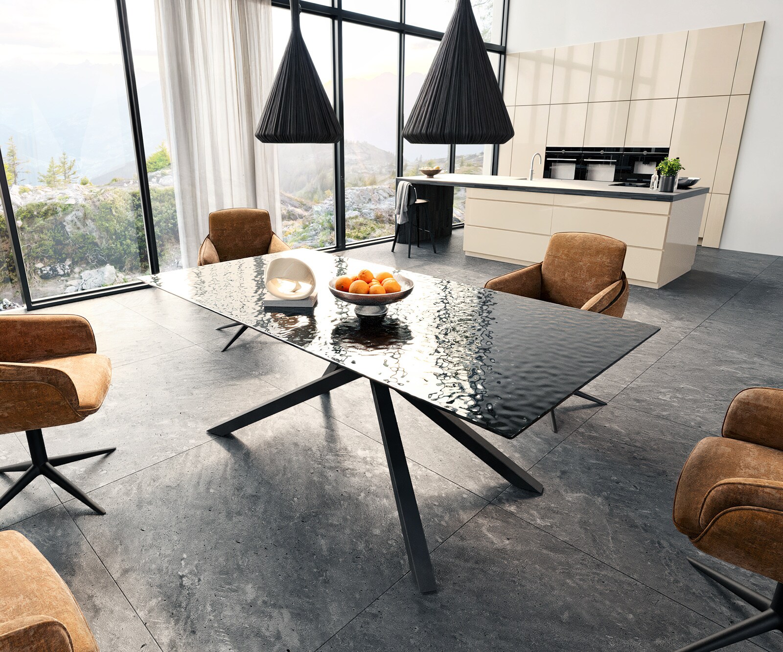 Eetkamertafel Edge 200x100 Glas smelten rokerig zwart 3D-Relief kruisframe rechthoek zwart