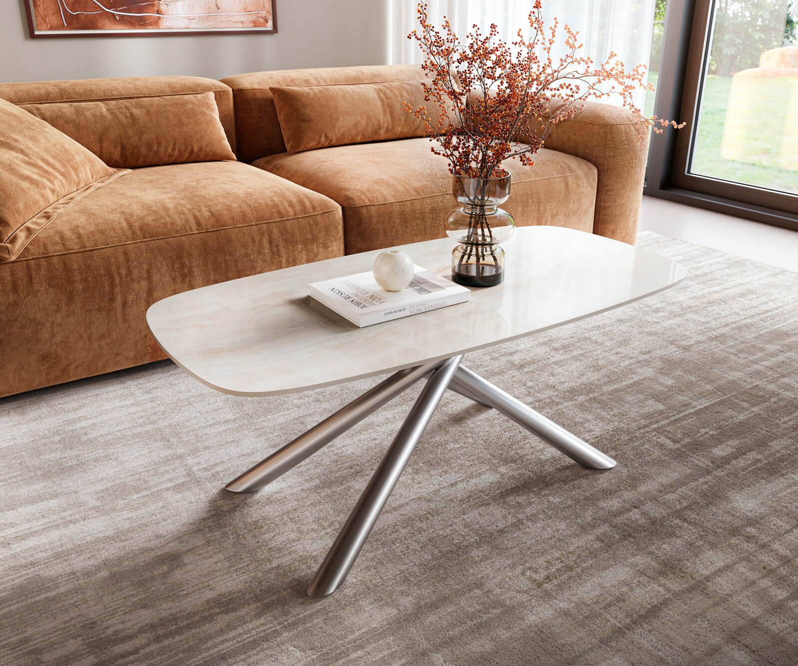Salontafel Edge bootvormig 100x50 cm keramiek Onyx Champagne Sarity roestvrij staal geborsteld