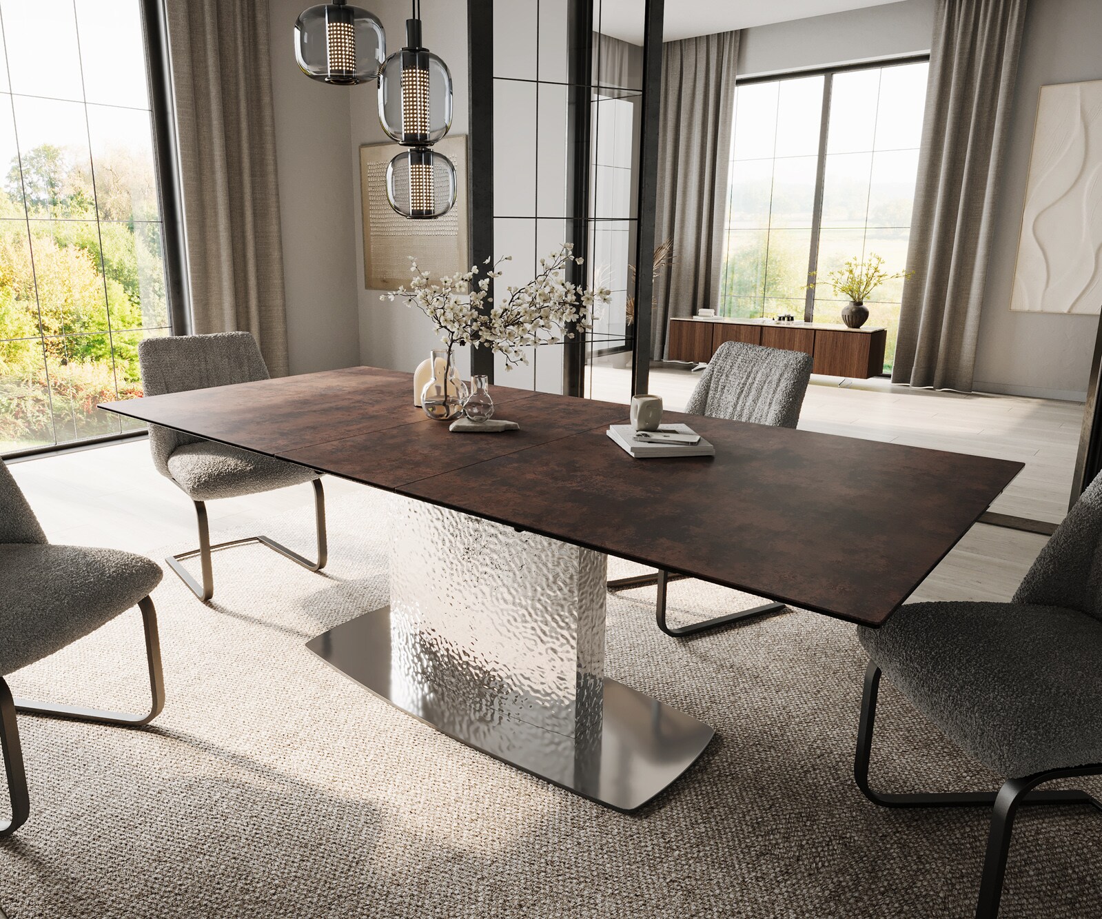 Eettafel Edge 180-220x90 glas antiek-bruin Wave roestvrij staal uitschuifbaar 1