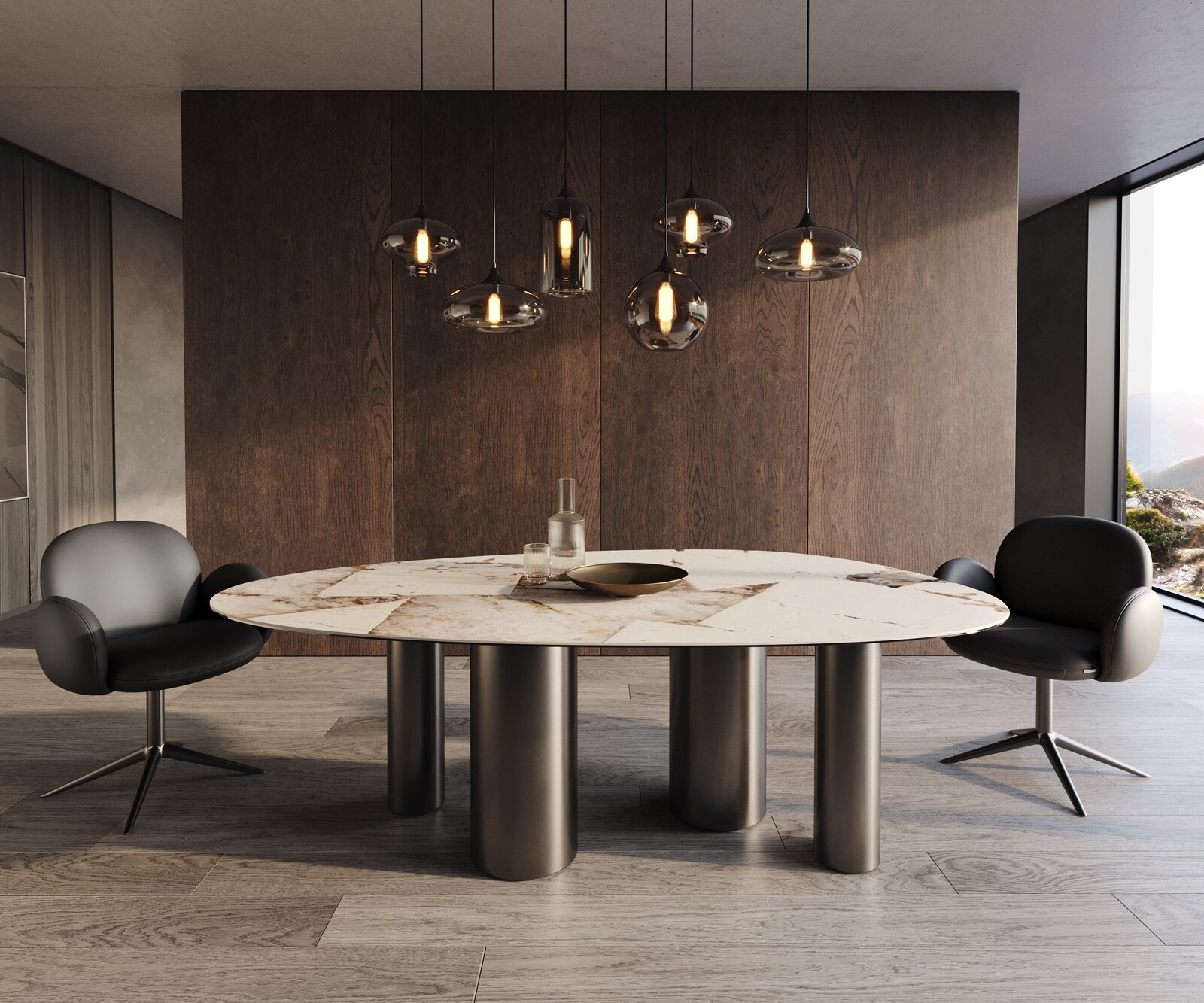 Eettafel Edge Oval 220x120 keramiek Iris FMG Patagonia Lappato Pilier roestvrij staal grafiet 1