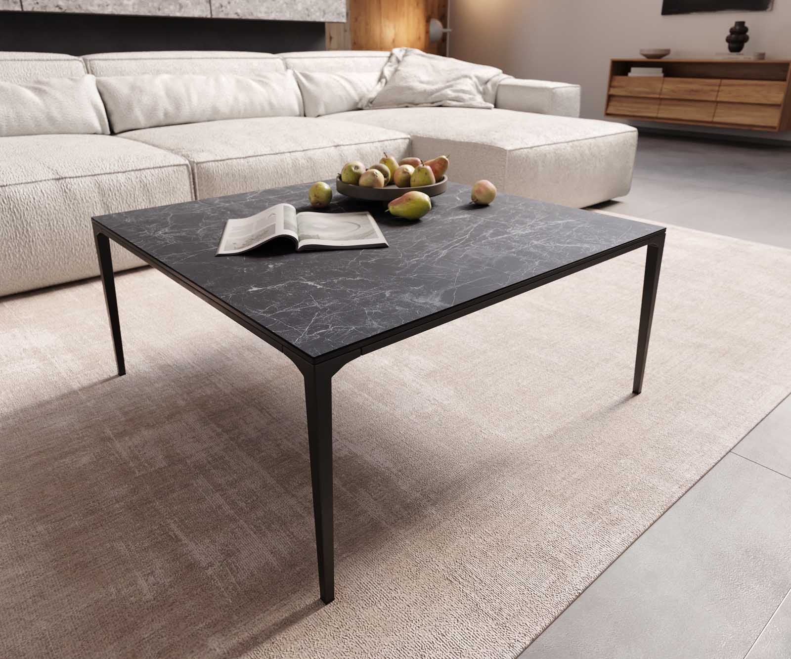Salontafel Levente 85x85 cm keramiek Laminam®Nero Greco Grey onderstel metaal zwart