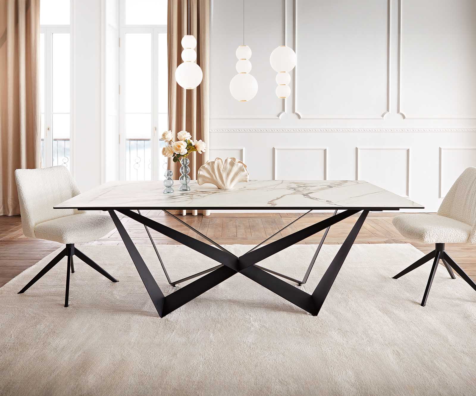 Eetkamertafel Edge 200x100 keramiek Calacatta Luxe wit-goud-grijs spider vlak staal zwart 1