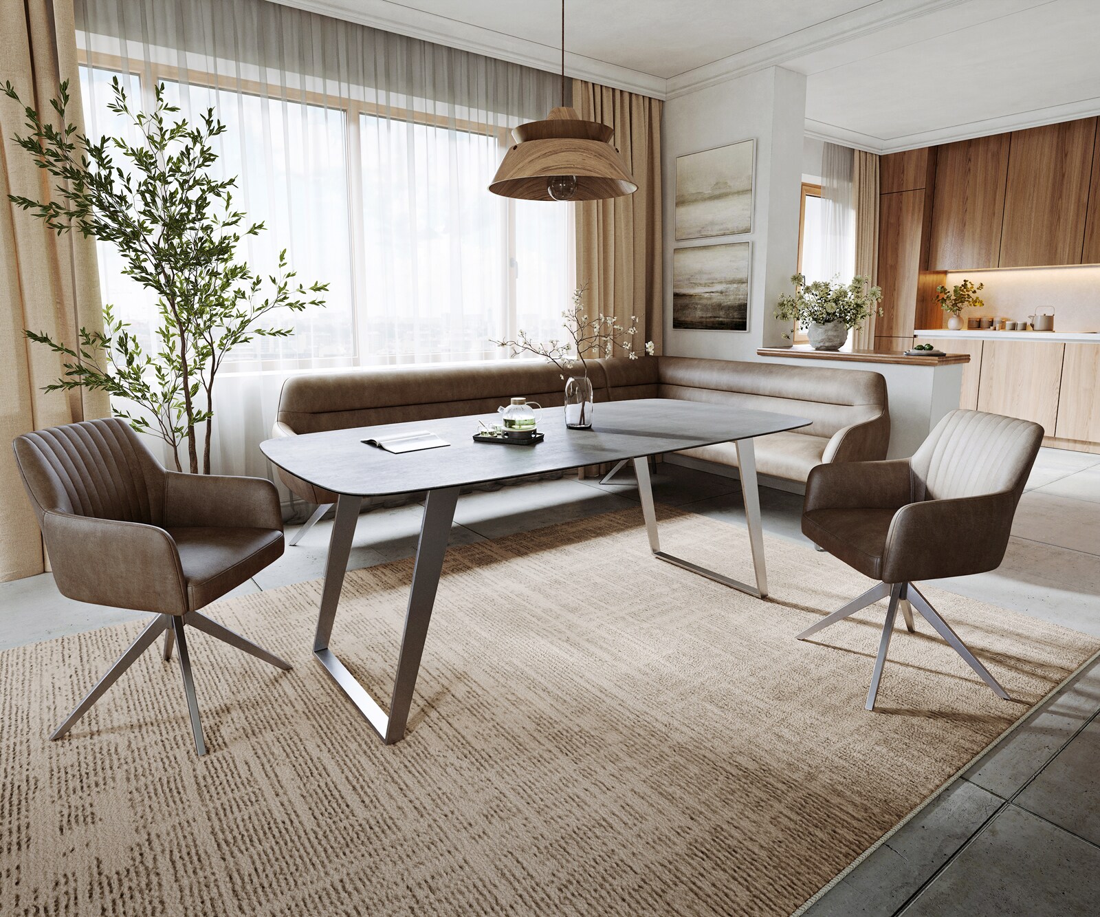 Eettafel Edge boot 200x100 cm keramiek beton grijs roestvrij staal schuin 6