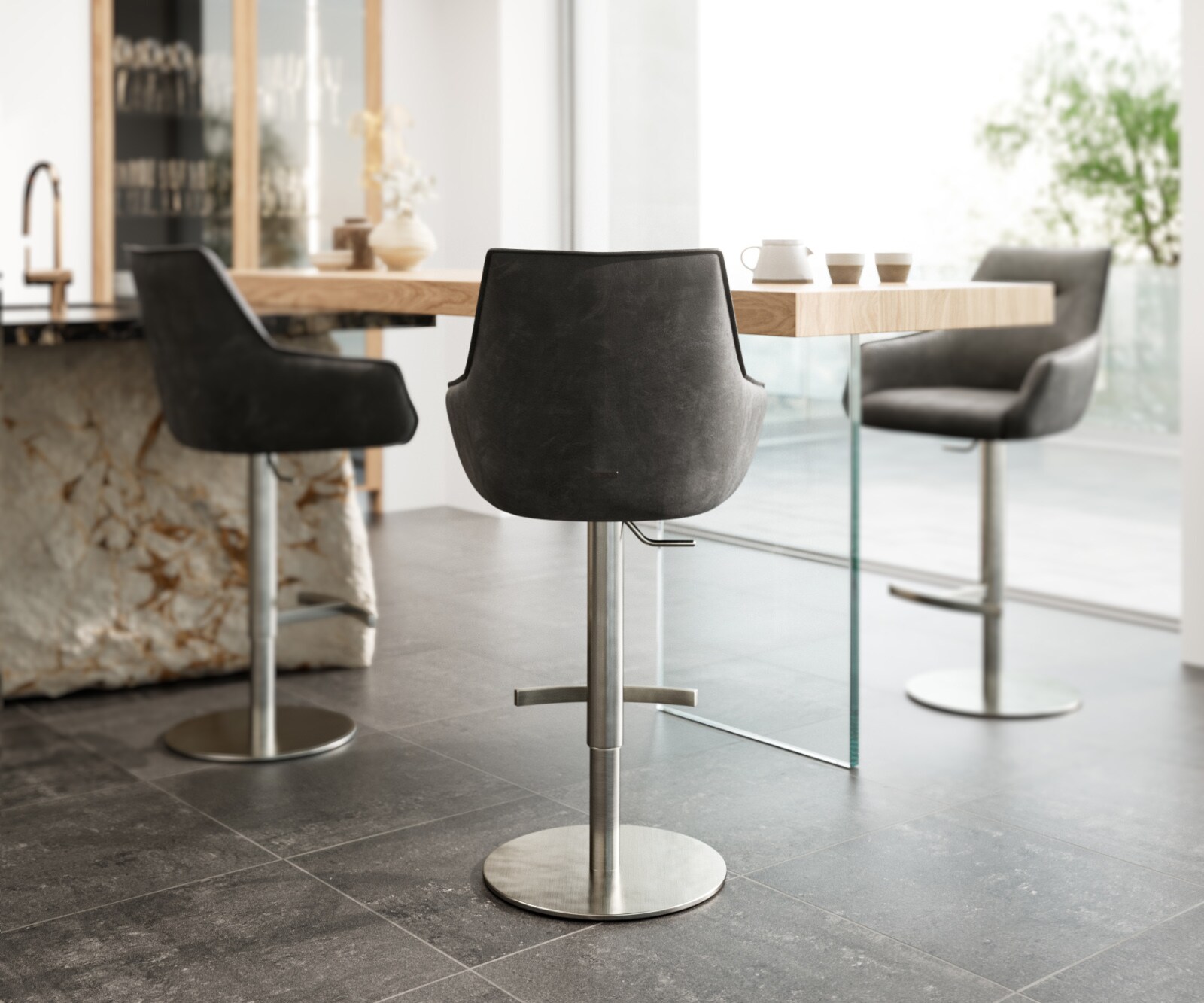 Barstoel Alja-Flex microvezel antraciet vintage draaivoet in hoogte verstelbaar RVS draaibaar pocketvering 3