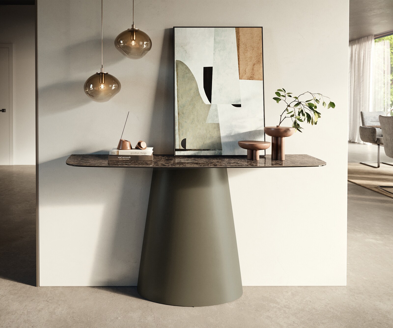 Consoletafel Edge Bootvorm 140x40 cm Keramiek Emperador Extra Lucidato Dunkelbraun Conos Metaal Effektfinish Titan