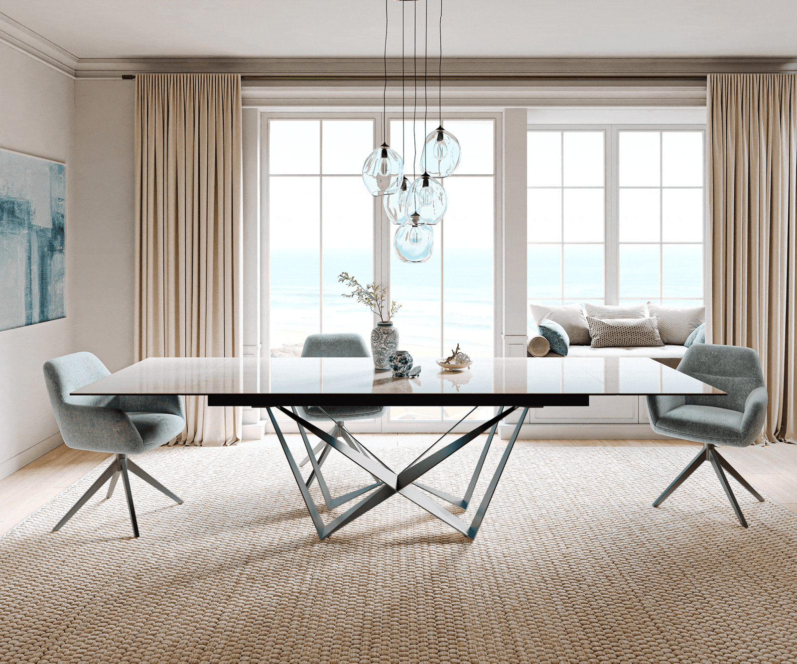 Eettafel Edge 200-300x100 cm keramiek Onyx Champagne Spider plat staal roestvrij staal grafiet uittrekbaar 2