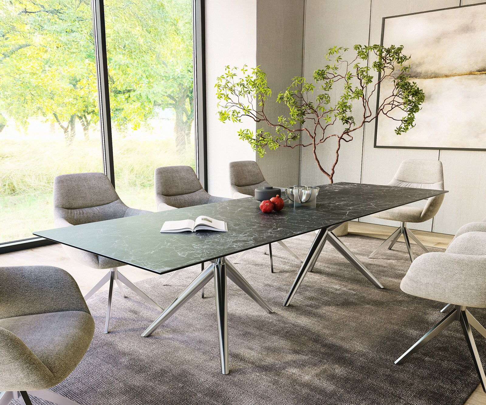 Eetkamertafel Edge 300x100 keramiek Laminam®Nero Greco Anthrazit Estelar rond  roestvrij staal