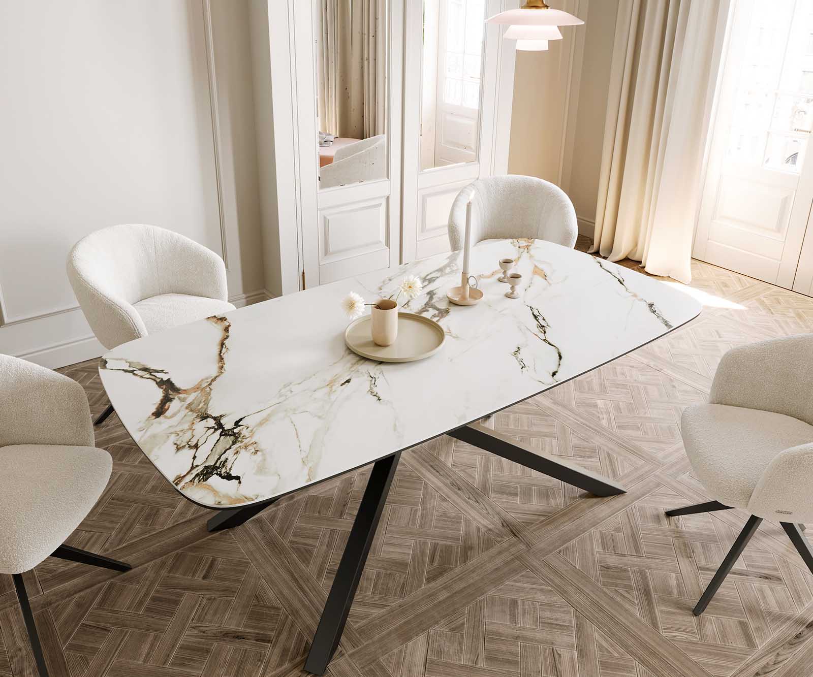Eetkamertafel Edge Boot 200x100 keramiek Calacatta Luxe wit-goud-grijs kruisframe rechthoek zwart 4