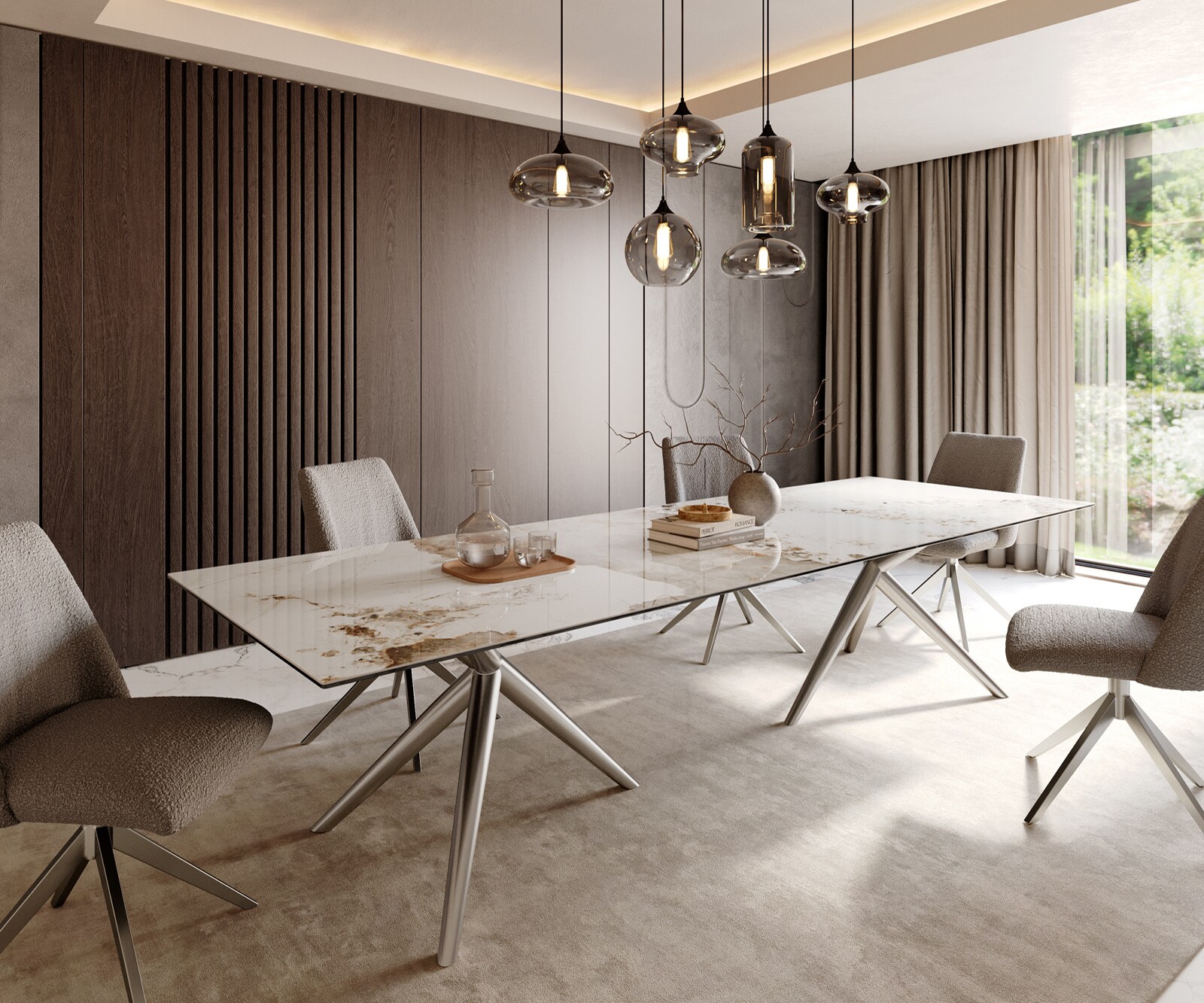 Eetkamertafel Edge 300x100 keramiek Minas Melange wit-Beige Estelar rond  roestvrij staal 1