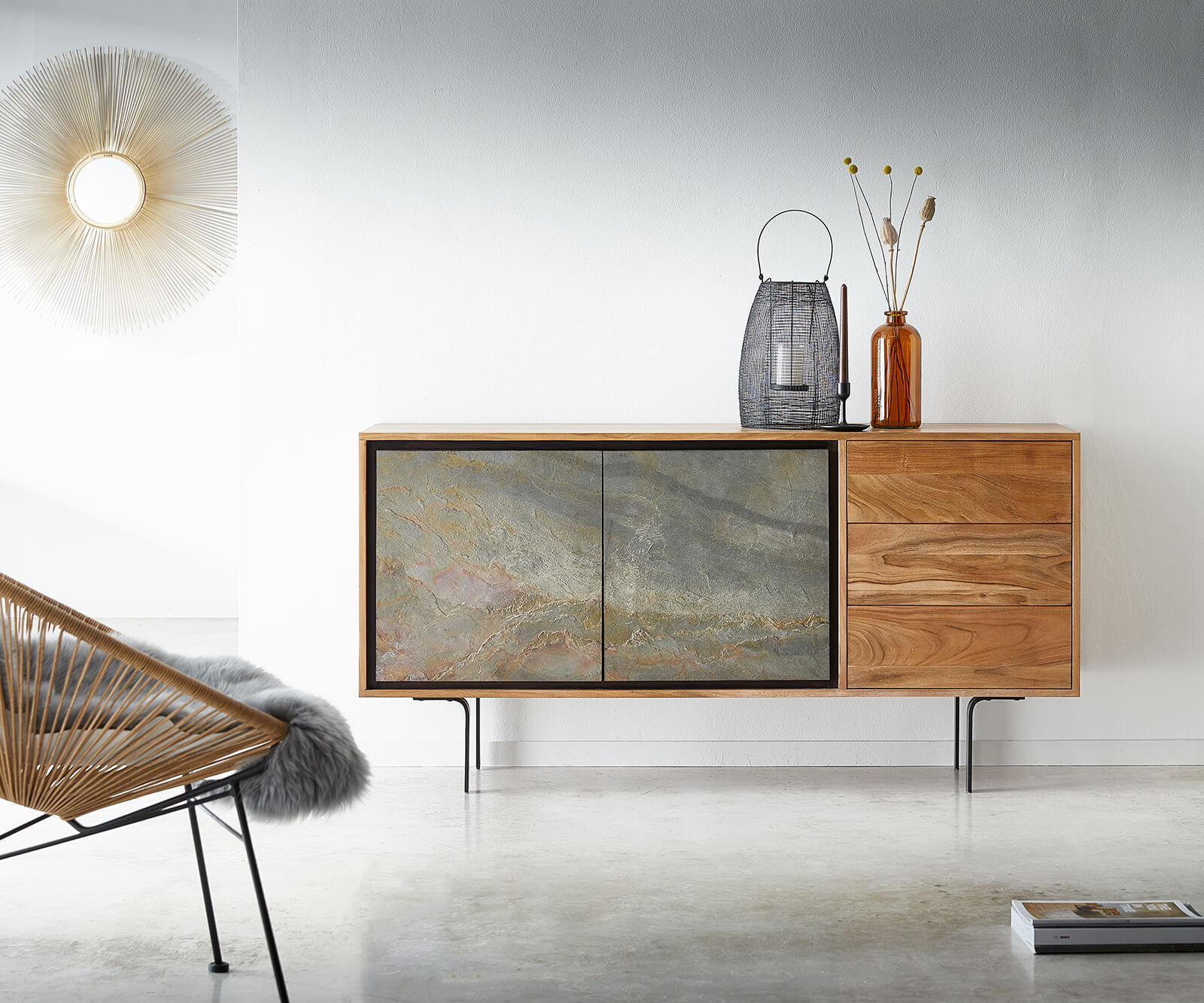 Dressoir Juwelo 150 cm acacia natuursteen fineerhout metaal zwart