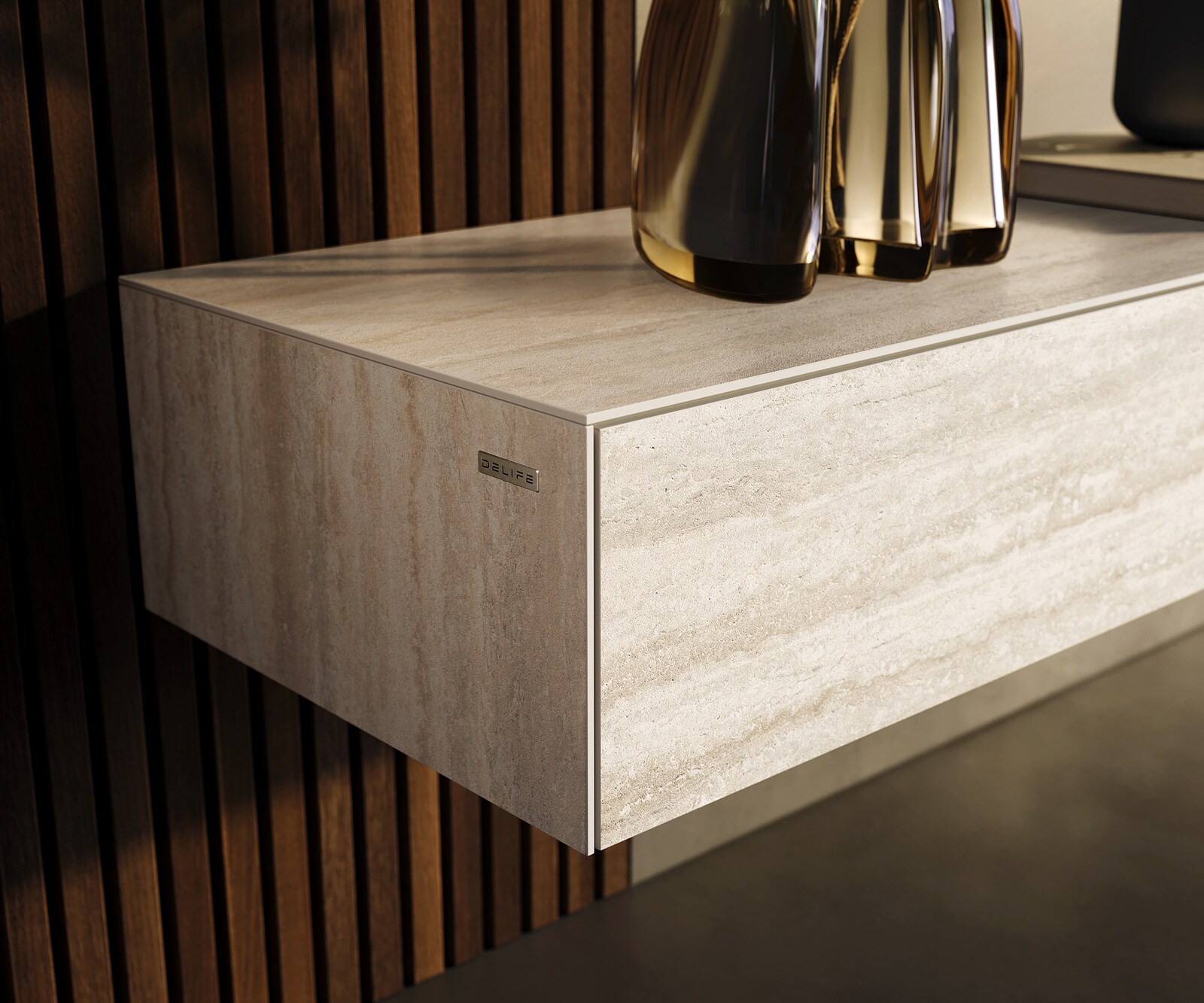 Tv-meubel Cuor 200 cm Keramiek Laminam® Travertino Bianco Crème-wit 1 Flap 1 Lade Zwevend 5