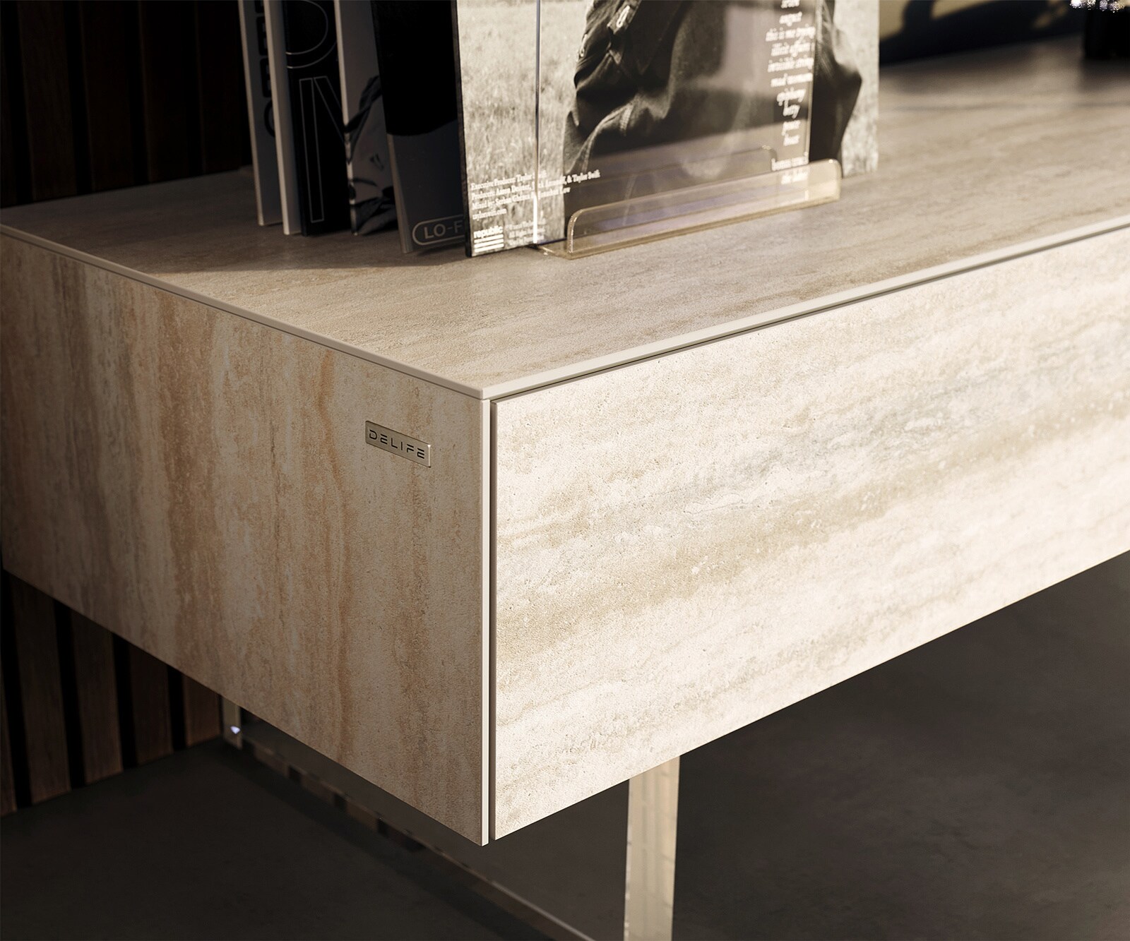 Tv-meubel Cuor 150 cm Keramiek Laminam® Travertino Bianco Crème-wit 1 Flap 1 Lade Zwevende voet look Acrylglas 5