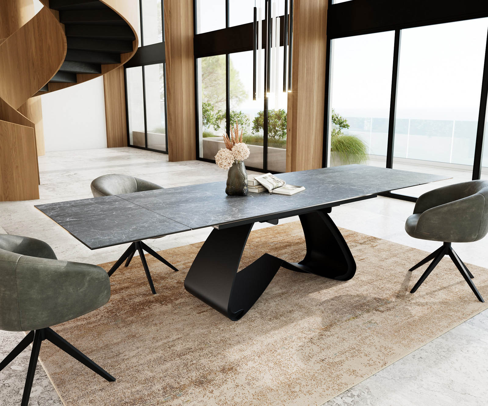 Eetkamertafel Edge 200-300x100 keramiek Laminam®Nero Greco grijs W-frame zwart uitschuifbaar 5