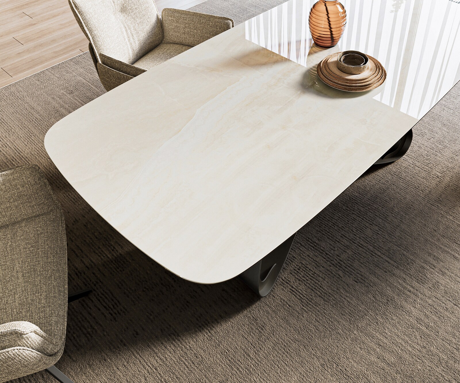 Eettafel Edge boot 200x100 cm keramiek Onyx Champagne W-onderstel metaal zwart 4