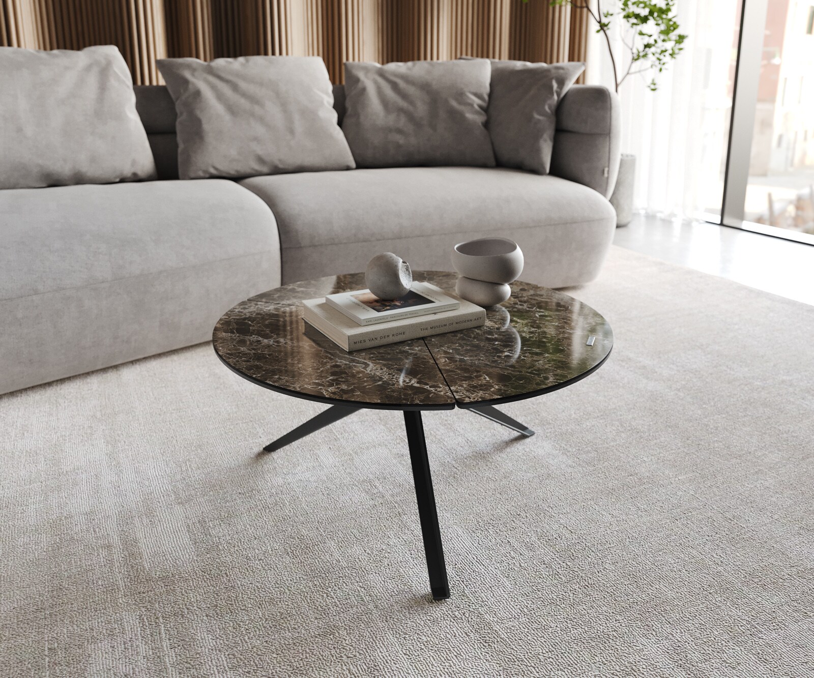Salontafel Delron 70x70 cm Keramiek Laminam®Emperador Extra Lucidato Donkerbruin Kruispoot vlak metaal zwart